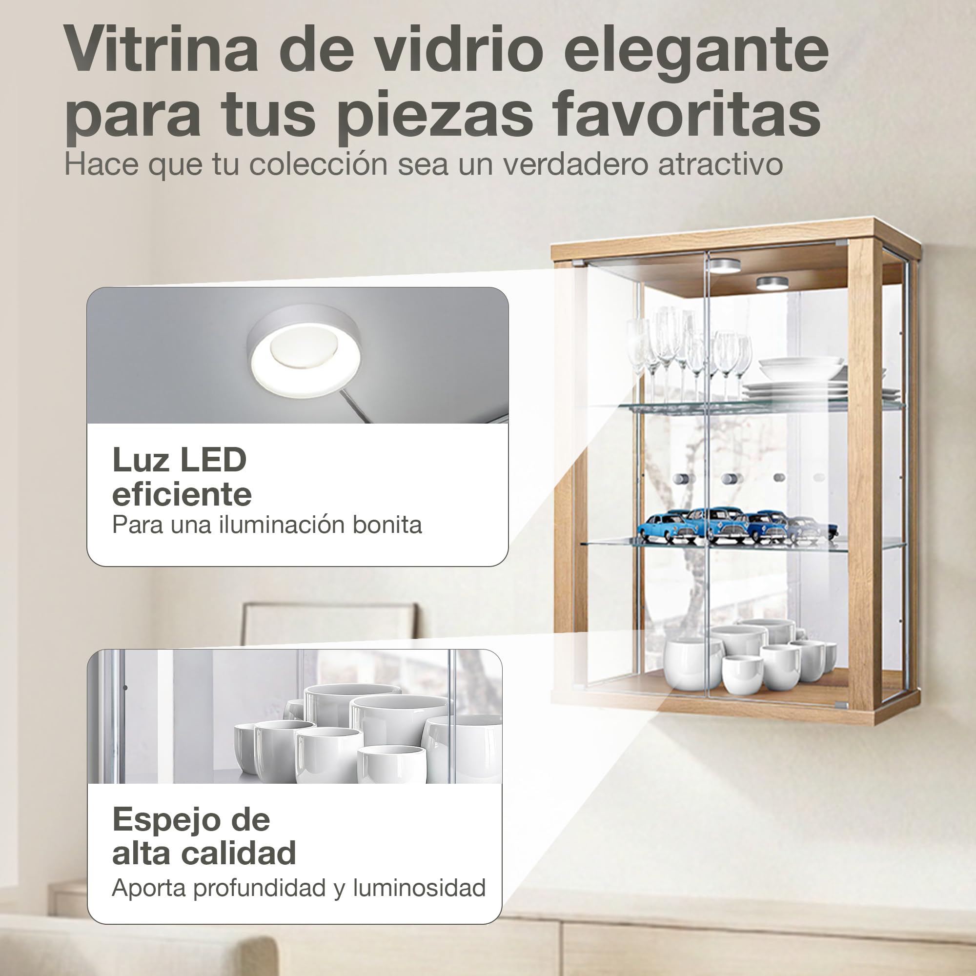 Vitrina de Cristal en Roble de Sonoma (80x60x25 cm) con 2 estantes de Cristal Ajustables en Altura, Espejo y LED - Vitrina para maquetas de Coches (Haya, 80x60x25 cm)
