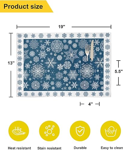 Miniatura 6 de Juego de 2 manteles individuales azules de Navidad para mesa de comedor, manteles individuales de algodón y lino con bolsillo, arpillera cuadrada,