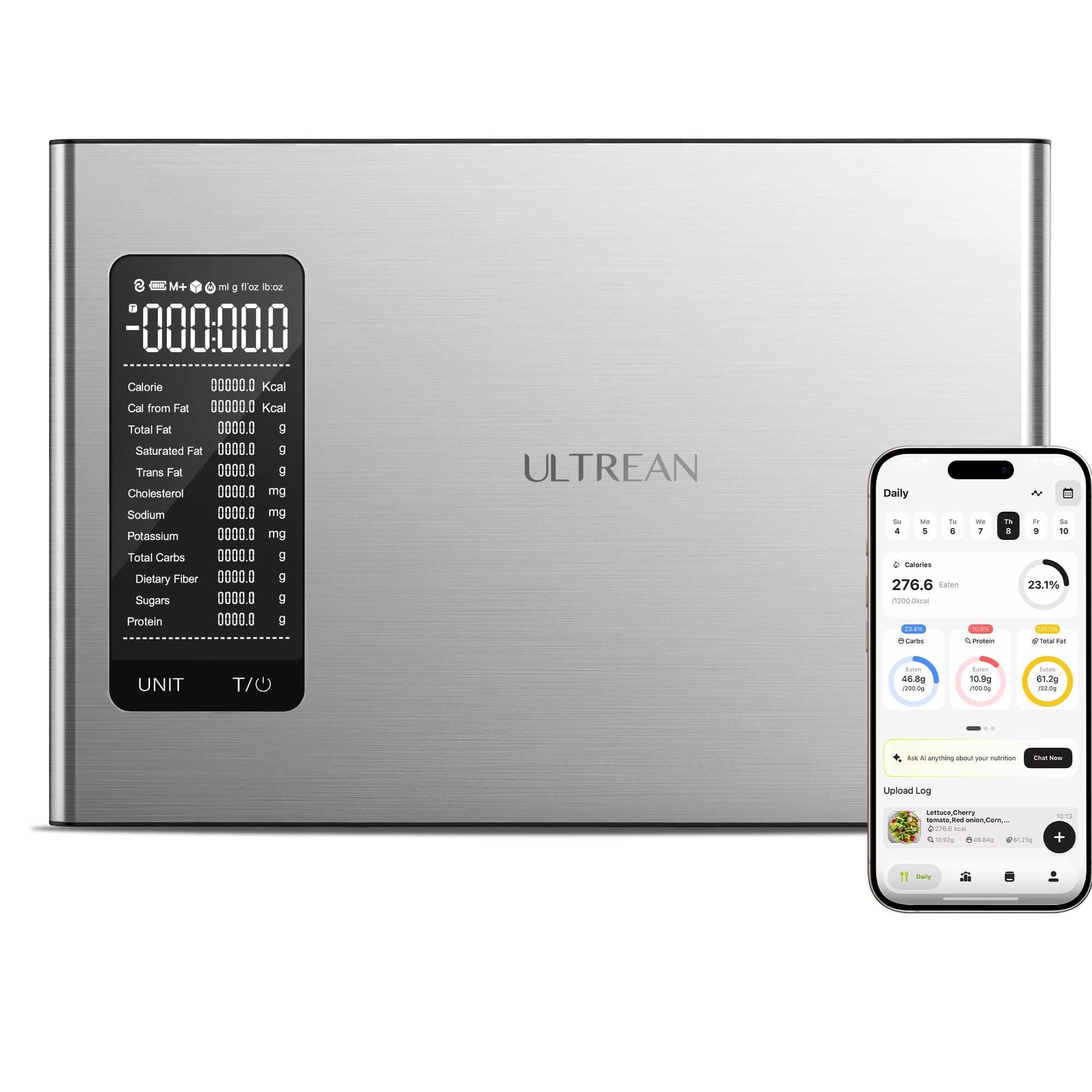 Ultrean - Báscula inteligente de cocina con calculadora nutricional, APP para seguimiento de calorías y macronutrientes, con IA, seguimiento de objetivos, báscula digital de calorías para perder peso
