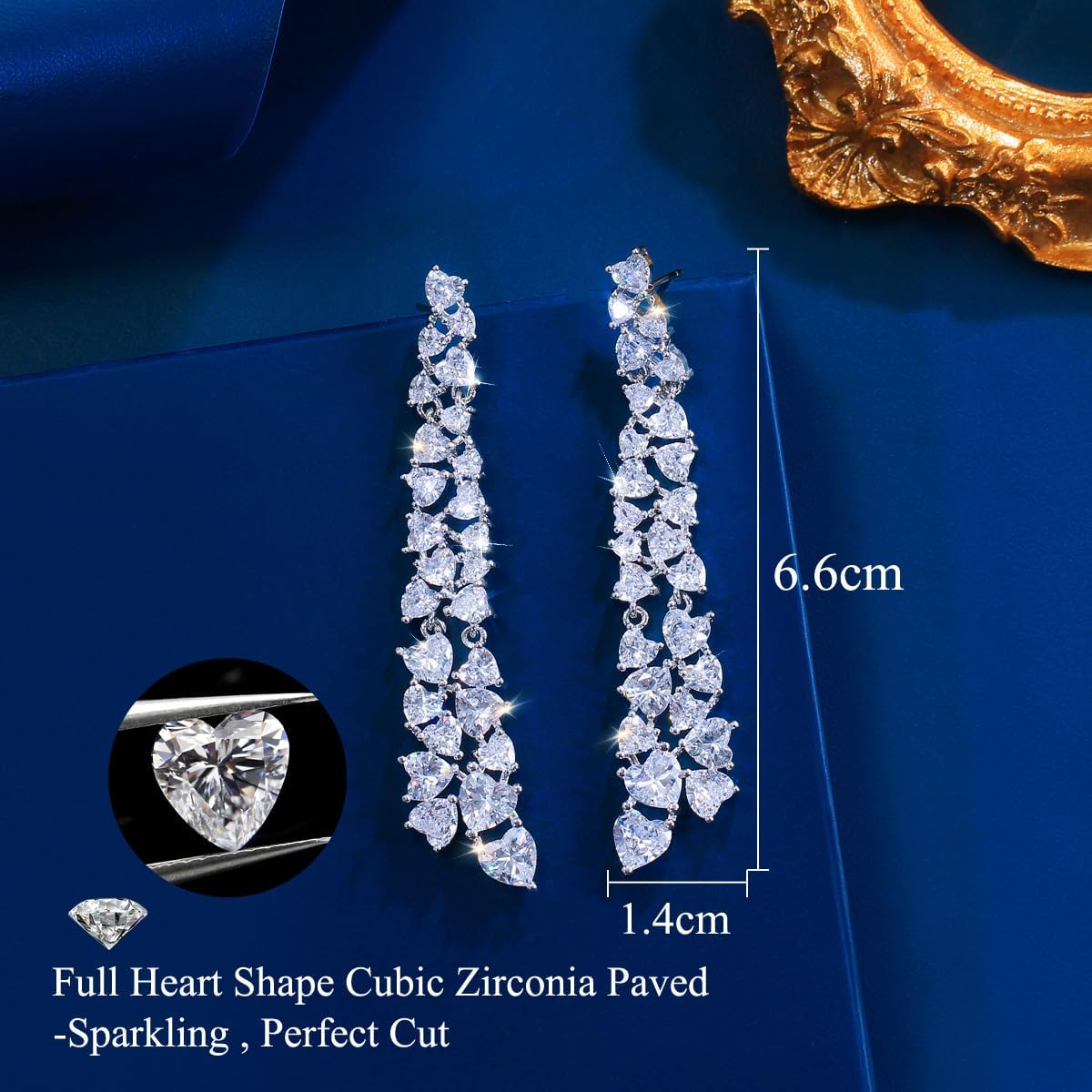 Long Dangle Drop Wedding Earrings, Full Heart Shape Cubic Zirconia Setting, Sparkling Paved CZ for Bridal Party, Engagement - Image 5