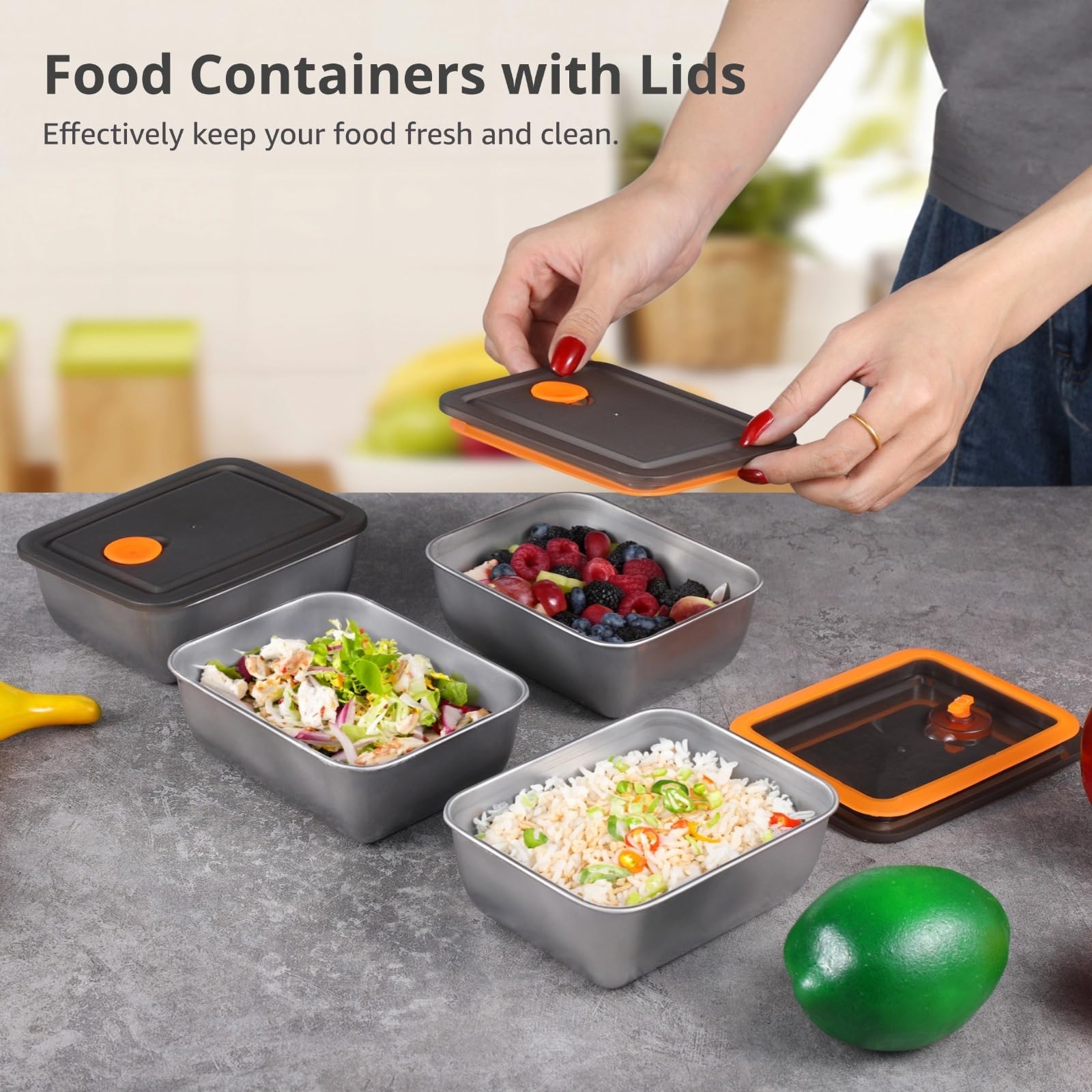 Contenitori per alimenti a tenuta stagna in acciaio inox con coperchi, confezione da 10, 590 ml, per avanzi, snack e pranzo, adatti al congelatore e alla lavastoviglie