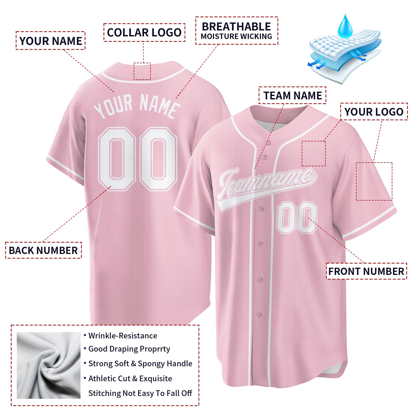 Custom Baseball Jersey for Women Personalized Short Sleeves Button Down Baseball Shirts Stitched The Name Number and Logo Pink