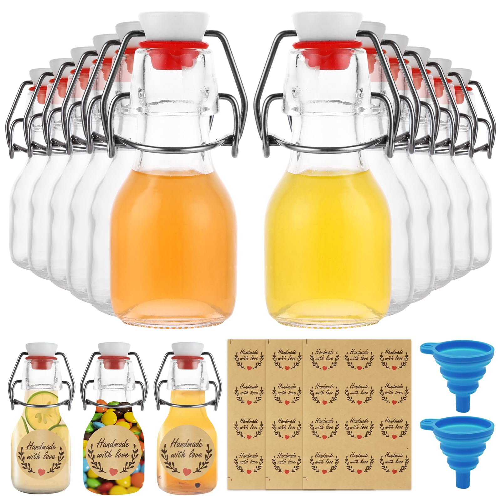 DAJAVE 30 botellas de cristal de 60 ml con cierre de clip, botellas pequeñas para rellenar, botellas de planchado para rellenar, incluye 2 embudos de silicona y 3 etiquetas, botellas de cristal para