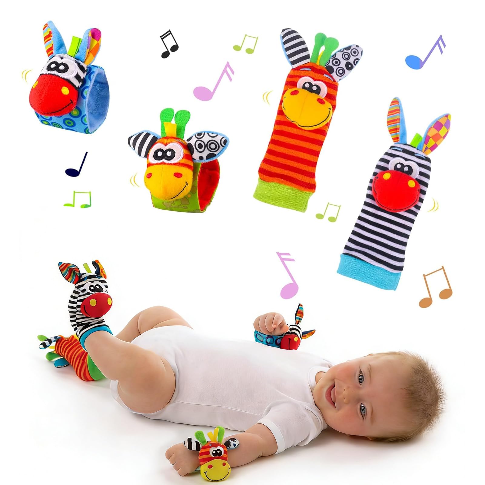 Baby Wrist & Ankle Rattles Set, Soft Plush Butterfly Ladybug Socks Toy with Gentle Sound, High Contrast Black White Red Patterns, Hand Eye Coordination Development for Newborn Infants 0-12 Months