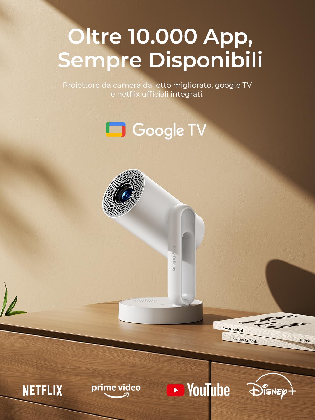 ETOE Mini Proiettore con Google TV e Netflix, Videoproiettore con Luce Stellata e Luce Notturna, 1080P Nativo, Autofocus, Controllo Vocale, Rotazione 140°/Design Sigillato, Per Camera da Letto
