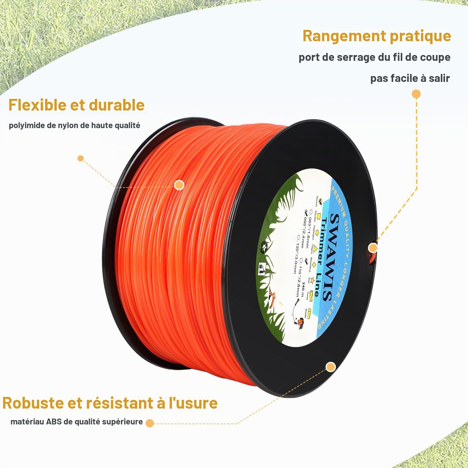 SWAWIS Fil de Coupe Nylon Rond 2,4mm/240M Bobine de Tondeuse Trimmer Line de Rechange pour Jardin de Mauvaises Herbes Fil pour débroussailleuse, Rouge Orangé