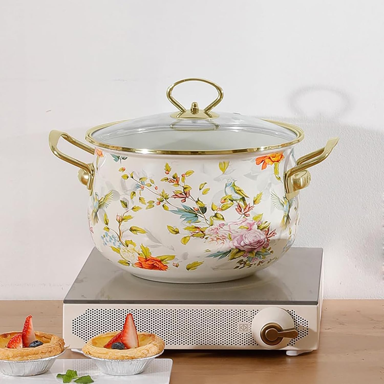 Kitchen Enamel Stockpot with Lid, Retro Flower Stew Cooking Pot, Vintage Thicken Soup Pot with Handle, Nonstick Saucepan for Induction Cookers and Gas Stove,4 Quarts