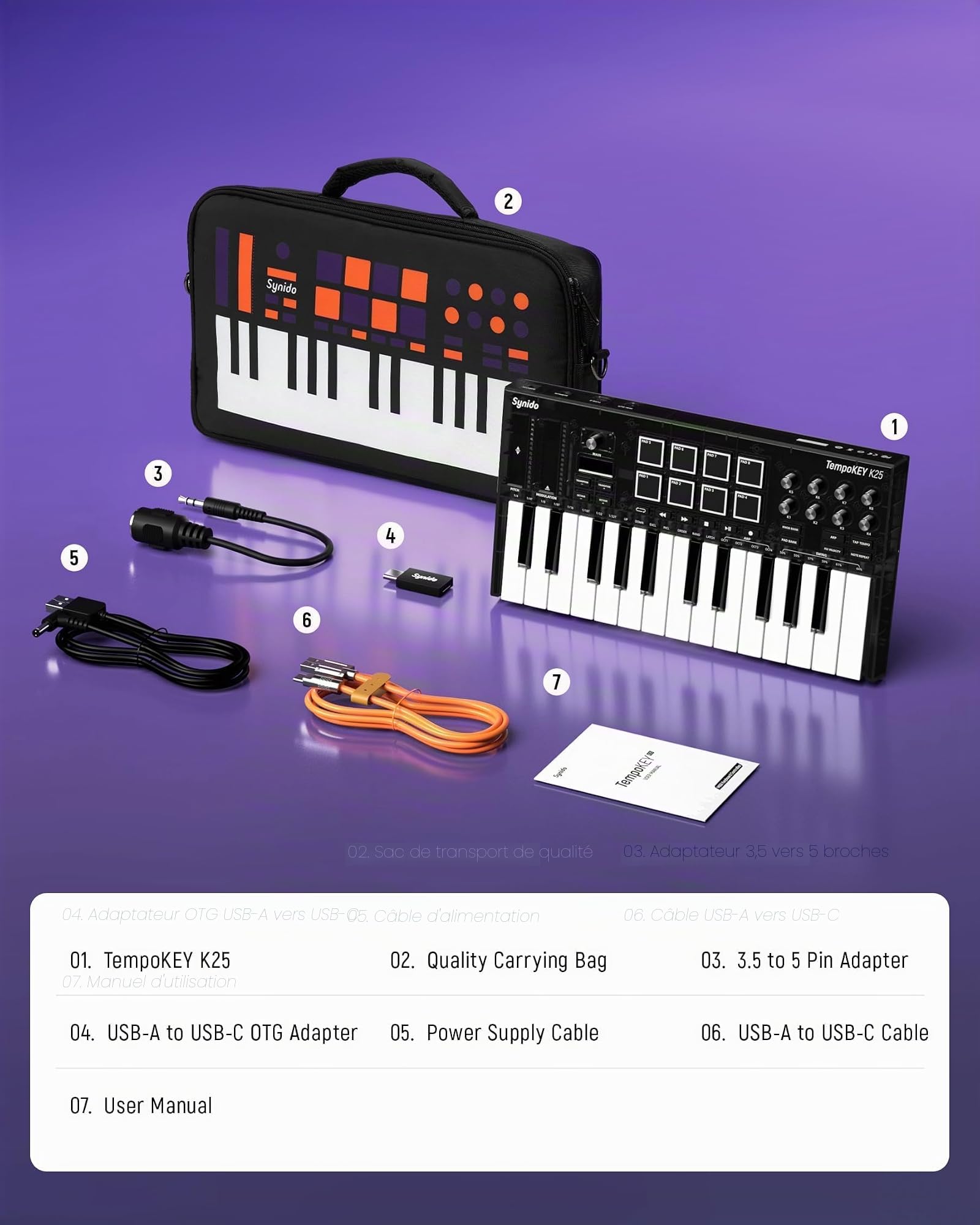 Synido TempoKEY – Contrôleur de clavier MIDI USB, 25 touches, machine Beat Maker avec sac de transport, écran OLED, mini clavier midi TempoKEY avec coussinets de batterie pour production musicale,