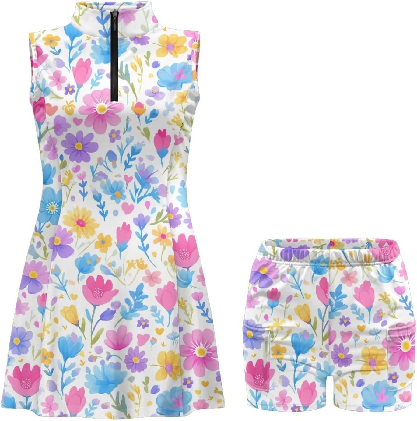 Tie-Dye Women's Tennis Dress with Shorts Sugar Skull Halloween Sleeveless Dress Daisy Flower Casual Golf Outfits