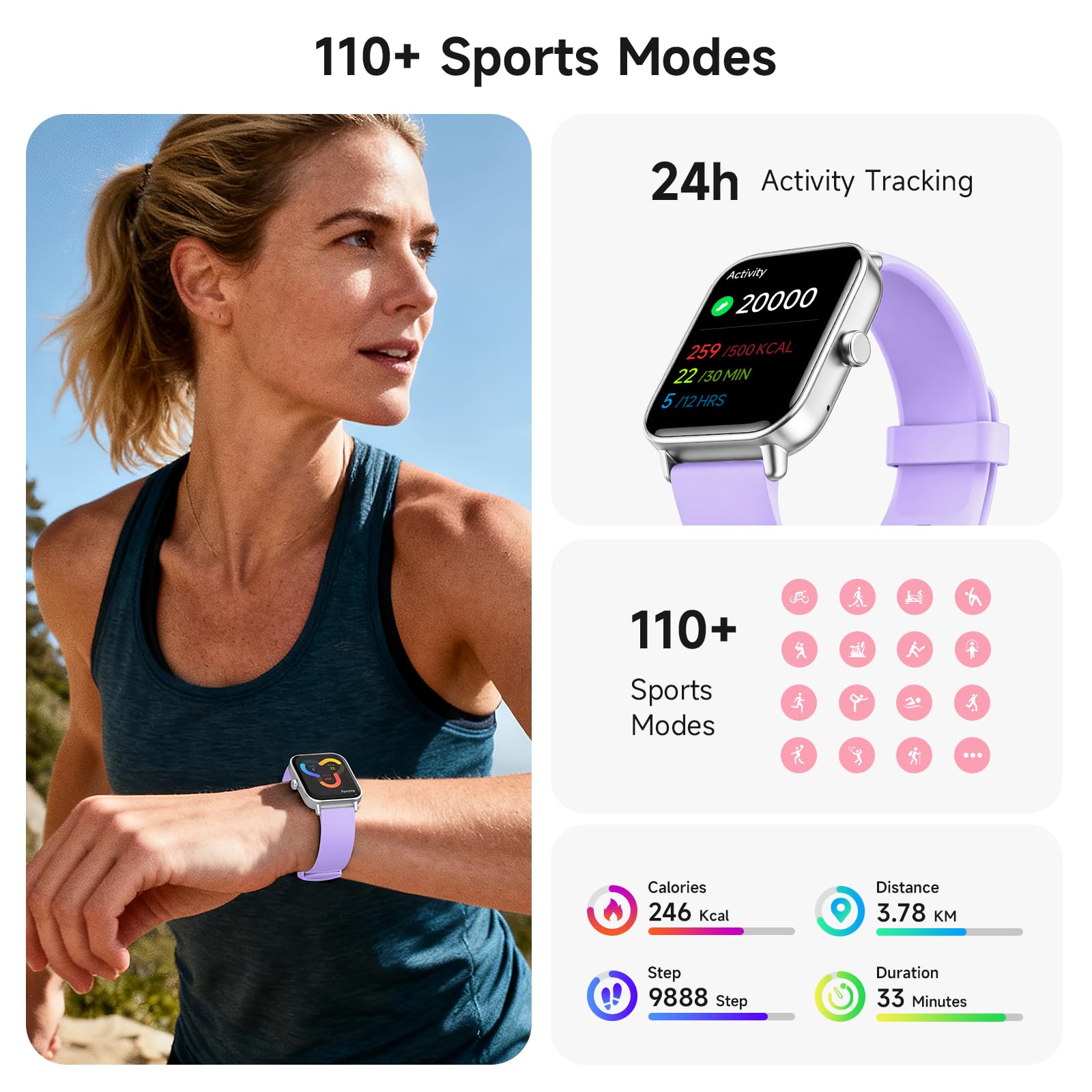 Montre Connectée Homme Femme avec Appel Bluetooth 1.8" Smartwatch Assistant Intégré Sommeil Sport avec 110+ Modes Sportifs Tracker d'Activité Etanche IP68 Montre Intelligente pour Android iOS (Violet)