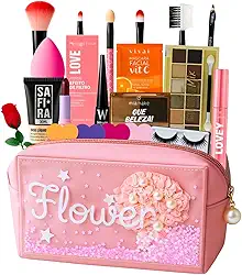 Maleta de Maquiagem Completa com 13 Itens Paleta de Sombras Base Pincéis Cílios Acessórios Kit Completo Presente Elegante Lindo Essencial Top Sagaro Makeup (PELE PARDA)