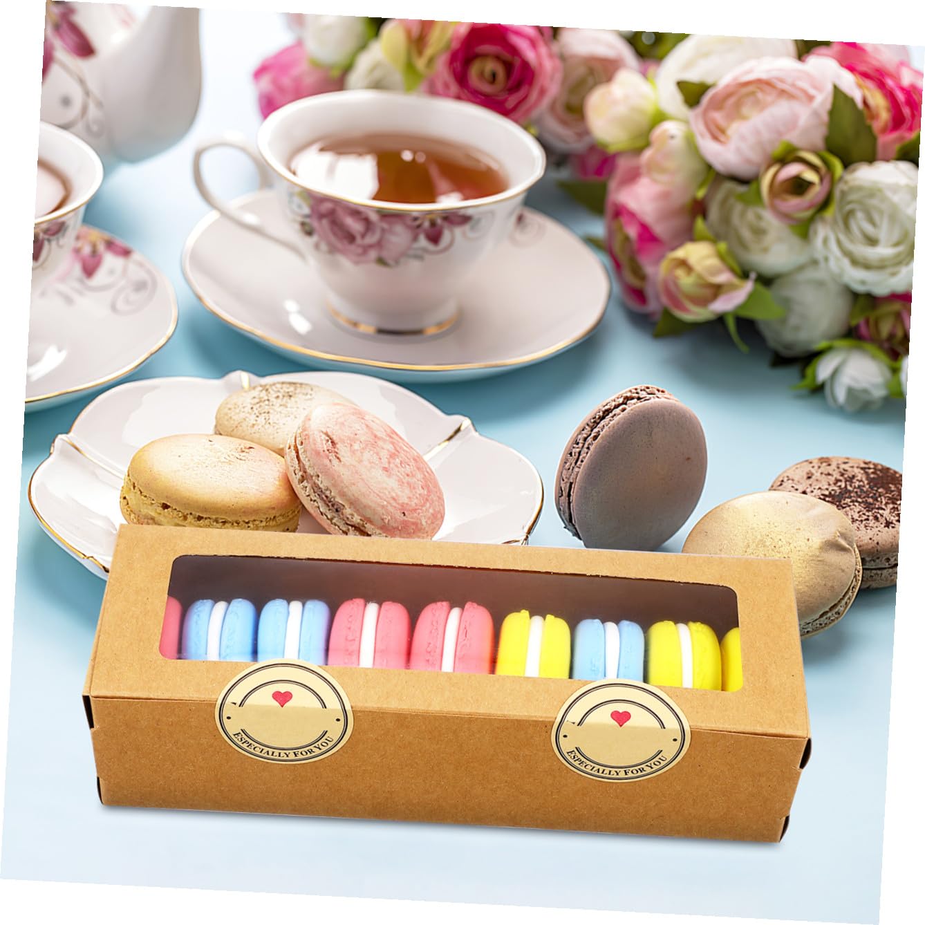 Cajas y Pegatinas de Papel Kraft 50 con Ventana Transparente de Macarons para Macarrones Dulces, Postres y Tienda