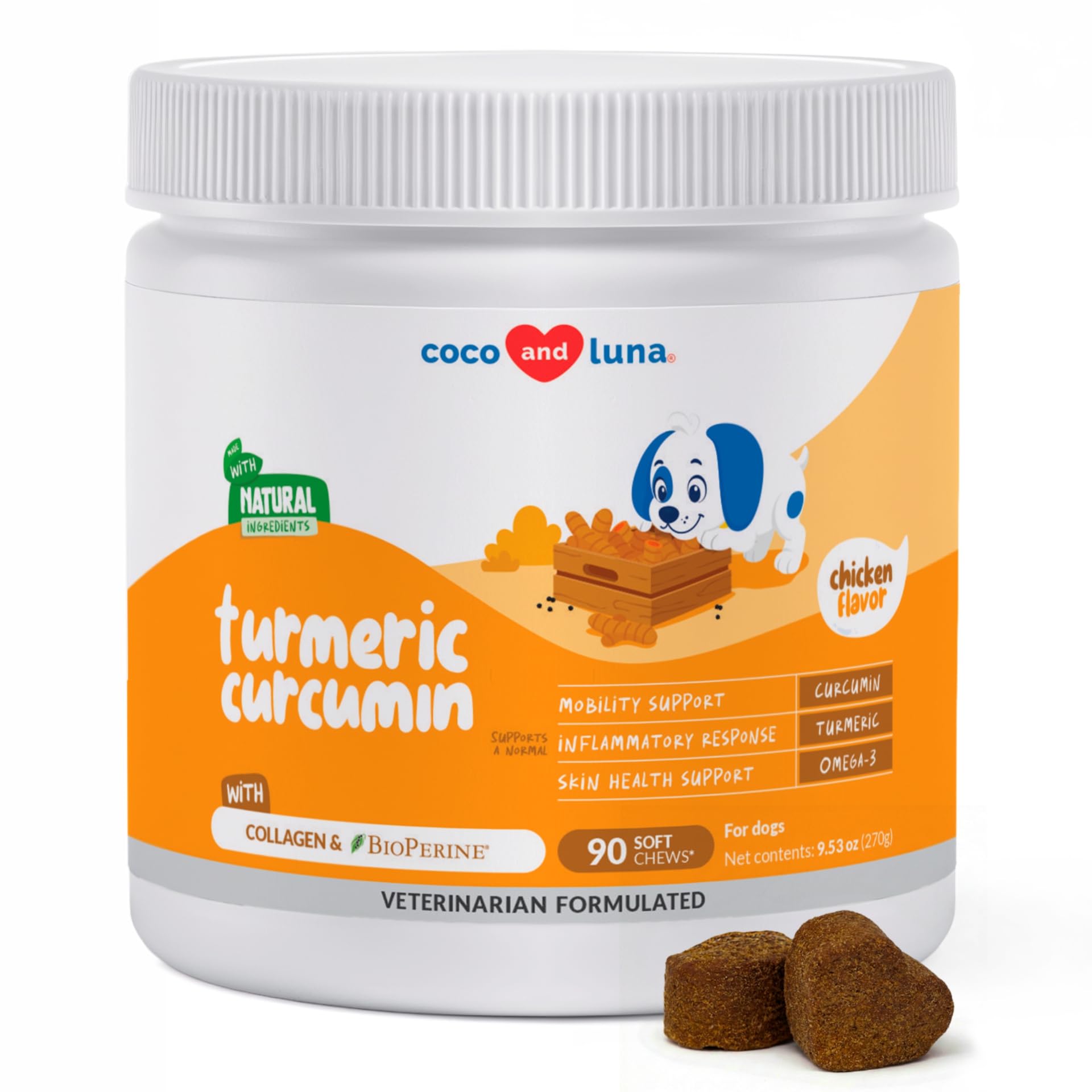 Turmeric Curcumin for Dogs - 90 Soft Chews - with Collagen, BioPerine and Fish Oil - Hip & Joint Support, Ease Inflammation, Antioxidant.