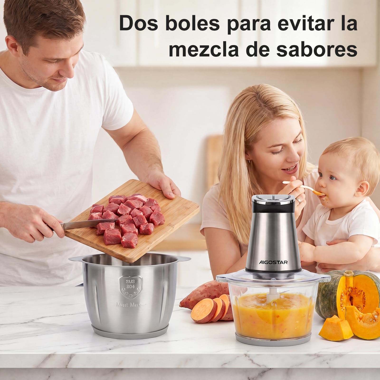 Aigostar Picadora Eléctrica con temporizador LED, 2 Recipientes (3L + 2L) | Trituradora de Alimentos 400W, Sin BPA, 2x4 Cuchillas, 2 Velocidades. Pica Carne, Verduras y Papillas | BIMince