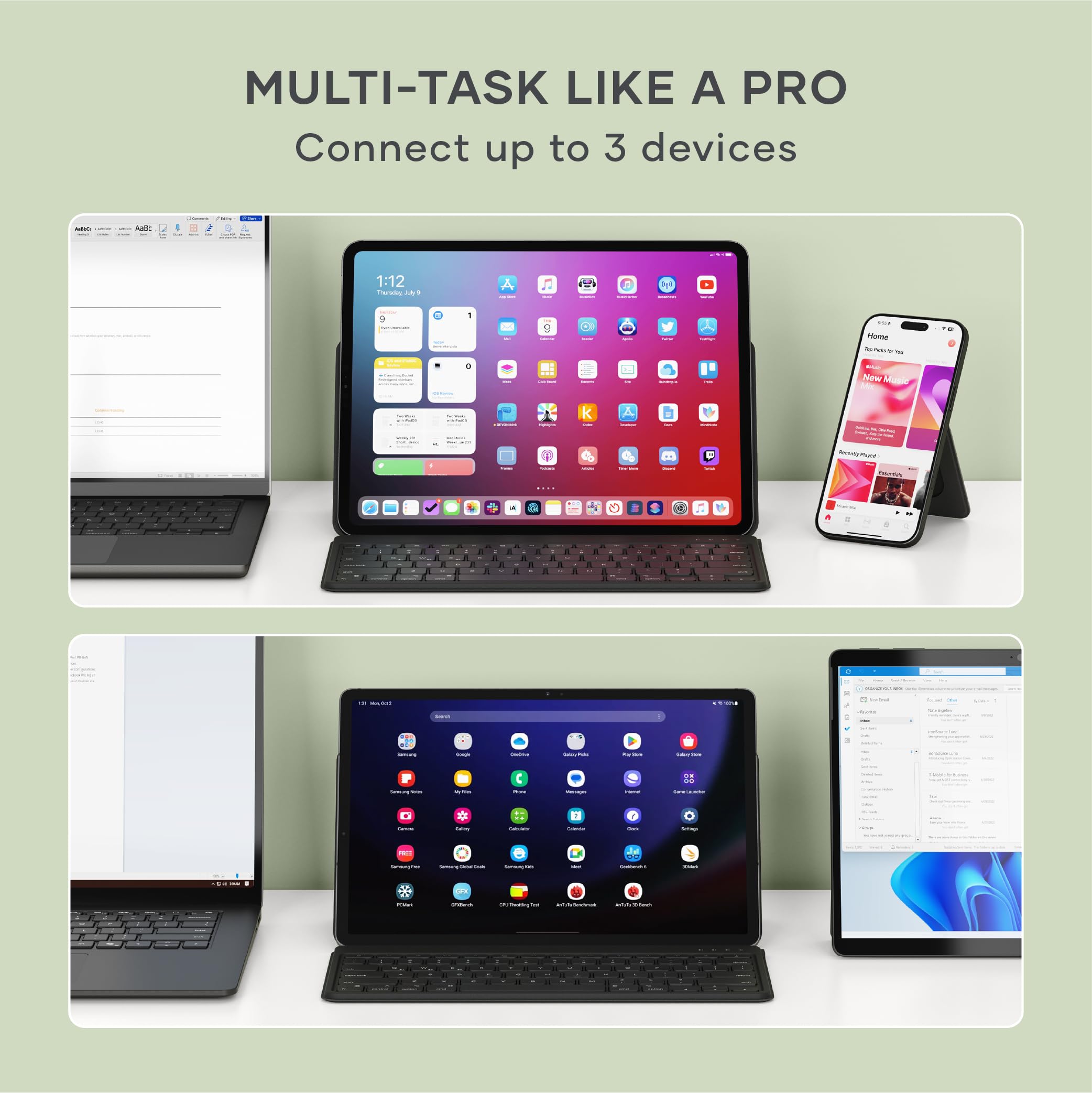 Satechi OntheGo Tastiera Wireless Bluetooth con Supporto, QWERTY US, Nero | Layout Americano, fino a 4 mesi di autonomia, supporto regolabile, fino a 3 dispositivi, per iPad, tablet e laptop