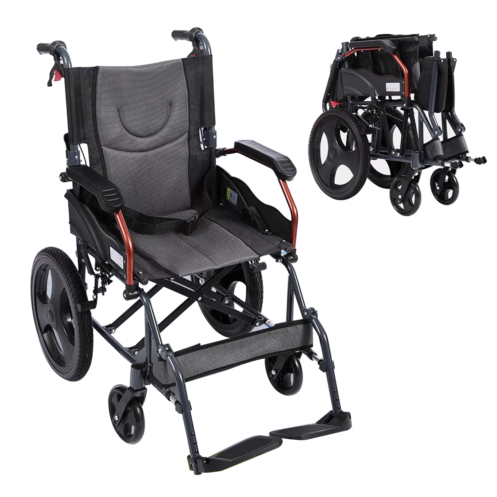 Sedia a Rotelle Pieghevole ad Autospinta,Sedia a rotelle Pieghevole Super-Leggera da transito in Alluminio con Freno,Seduta 46 cm,Doppio Sistema di frenata