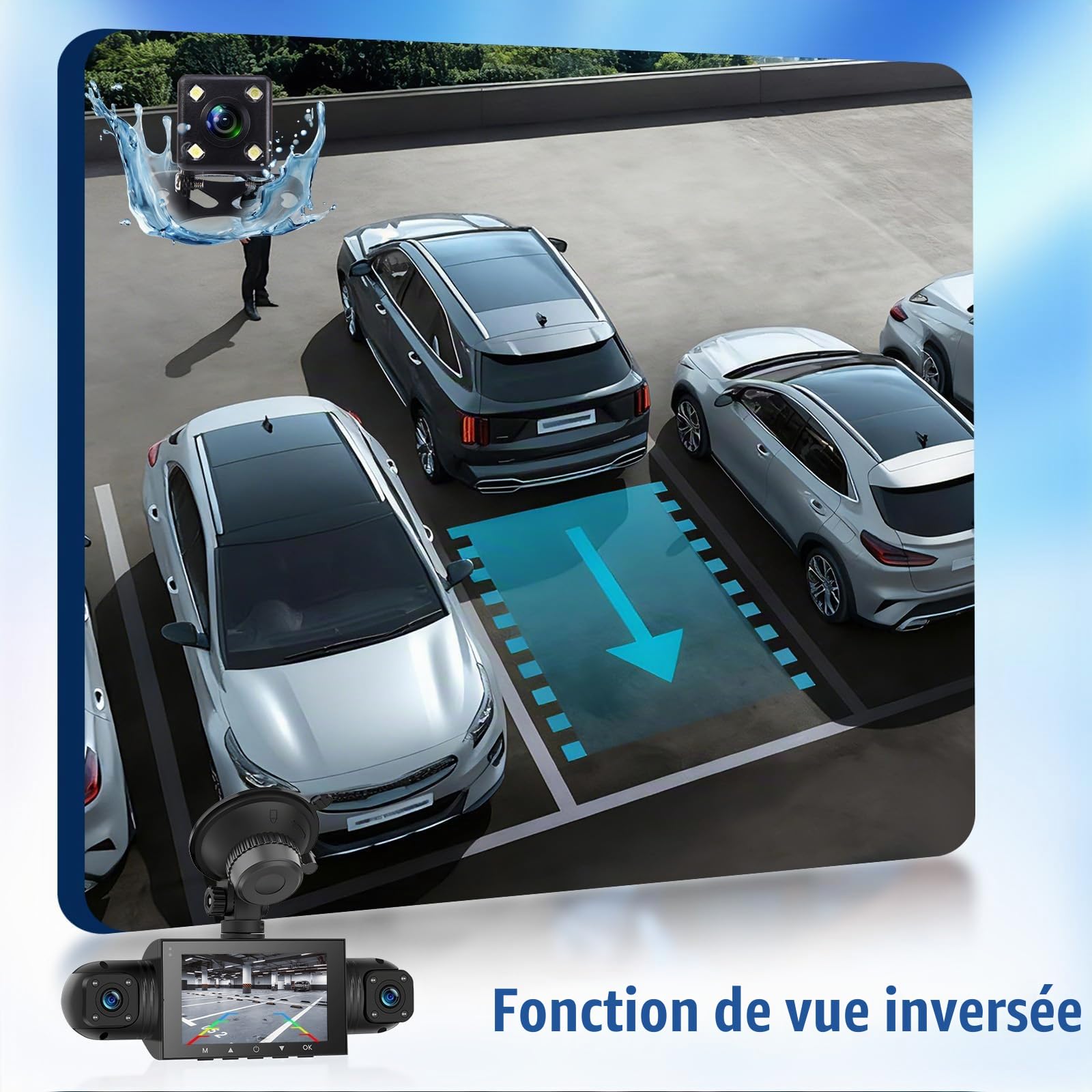 SIXTOP Dashcam Voiture 360 Degrés 4 Canaux, 1080P Caméra Embarquée Avant Intérieure Arrière avec Écran IPS 3 Pouces, Support Vision Nocturne/Surveillance 24H/Capteur G/Enregistrement Boucle