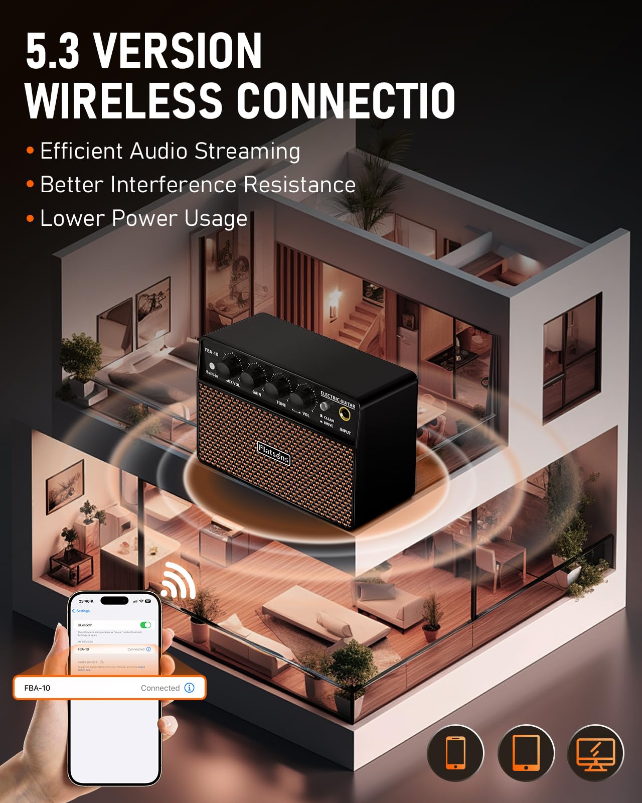 Flatsons FBA-10 Guitar Amp, 10W Mini Electric Guitar Amplifier with Clean/Drive Channel, 6H Working, USB-C Rechargeable, 3.5mm Headphone/AUX Jack, Wireless Portable Amp for Indoor Practice, Small Gig - Image 5