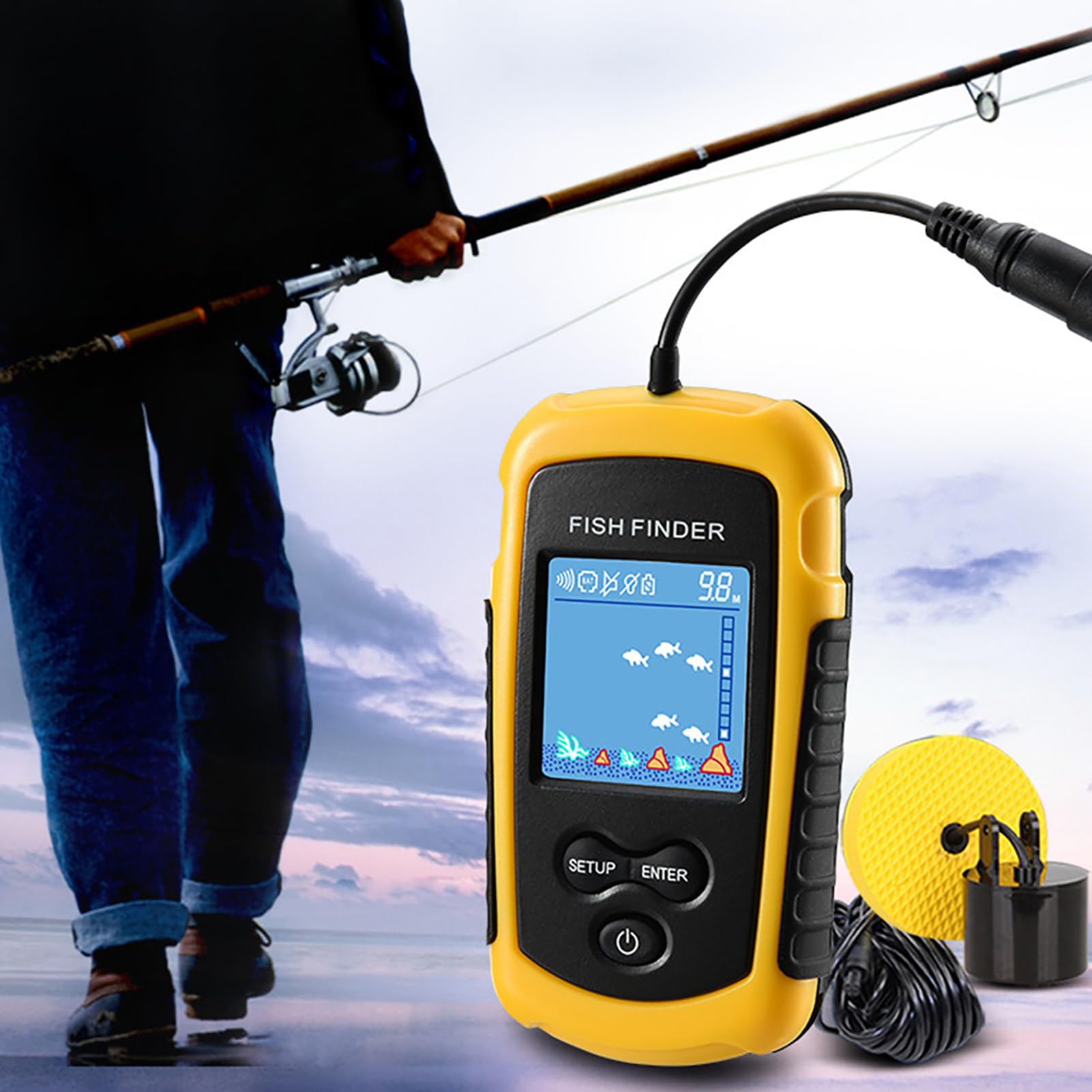 Lixada Ecoscandaglio da Pesca, Cercatore di Pesci da Pesca100M/328ft Portatile del Sonar LCD Wired Finder Ecoscandagli Cercatori dei Pesci Allarme