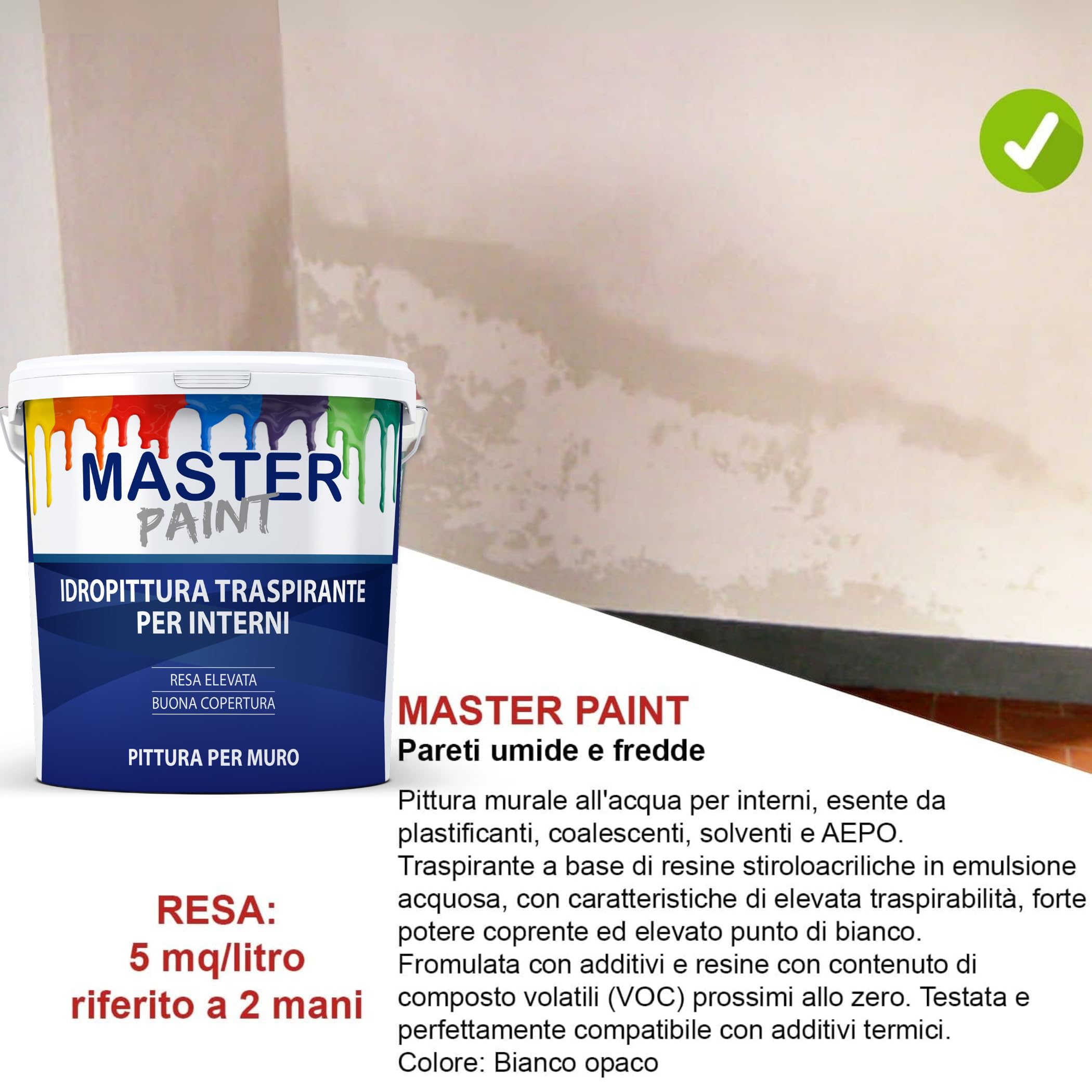 MASTERBRICO Kit Antimuffa per Muri interni con Pittura Bianca - Kit Muffa ko Freddo, Stop Master Paint, Pittura Antimuffa per interni (TANTA MUFFA)