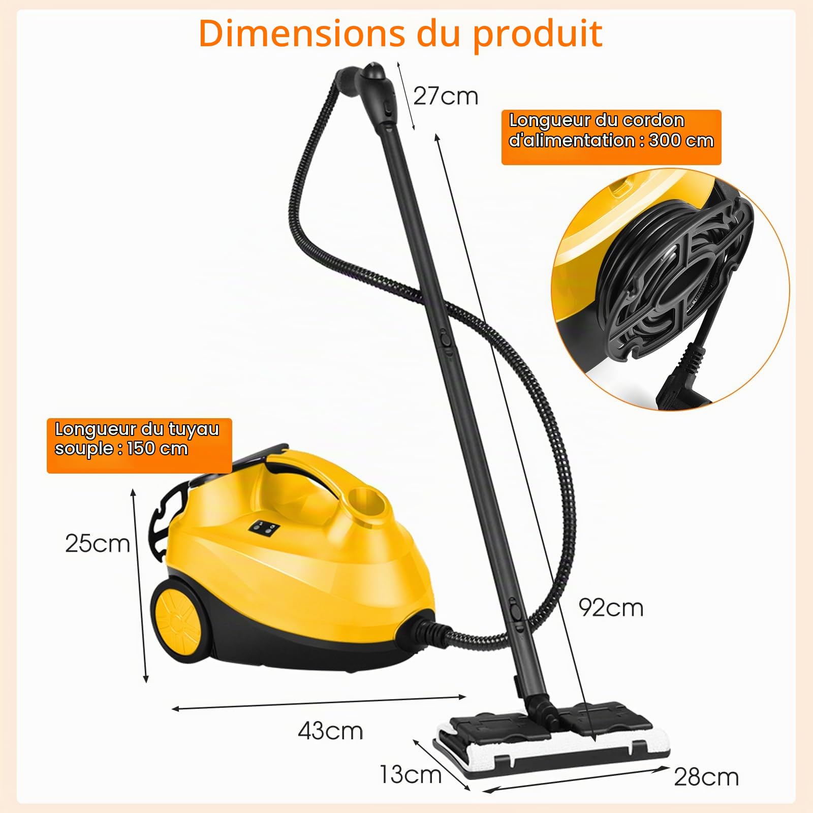 SOARS Nettoyeur Vapeur à Main 2000W, Pression Vapeur : 4 Bar, Max. 108℃, Temps de Préchauffe : 5-6 Min, Réservoir d'Eau : 1,5L, avec 19 Accessoires, pour Canapé, Sol, Fenêtre, Cuisine (Jaune)