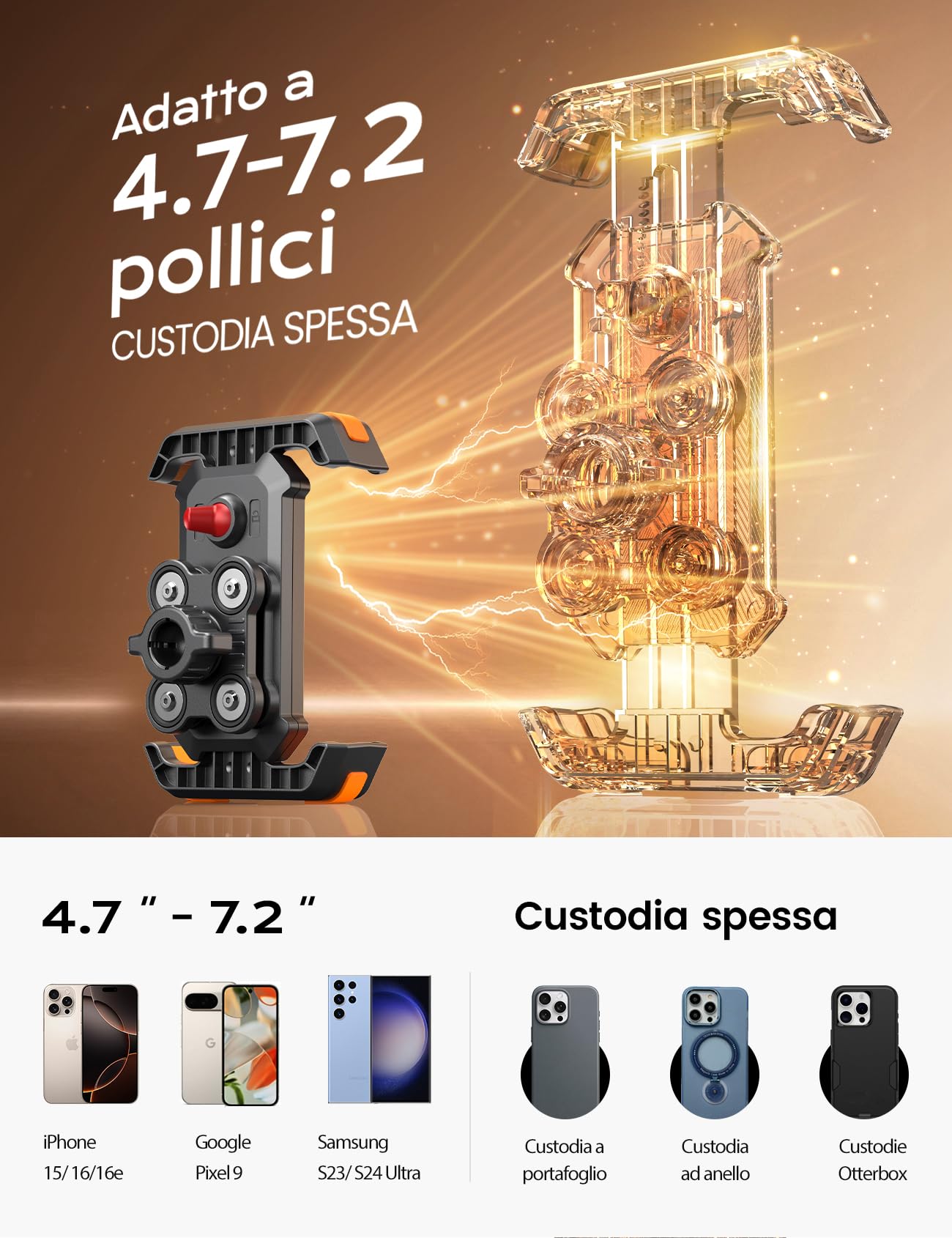 Porta Cellulare Moto, Porta Telefono Bici [Doppio Antivibrazione + Giunto Sferico in Metallo]-360°Drehbar per iPhone 16 Pro/Samsung S24 Ultra /Xiaomi 15 (4,7-7,2''Smartphone Supporto Telefono Moto)