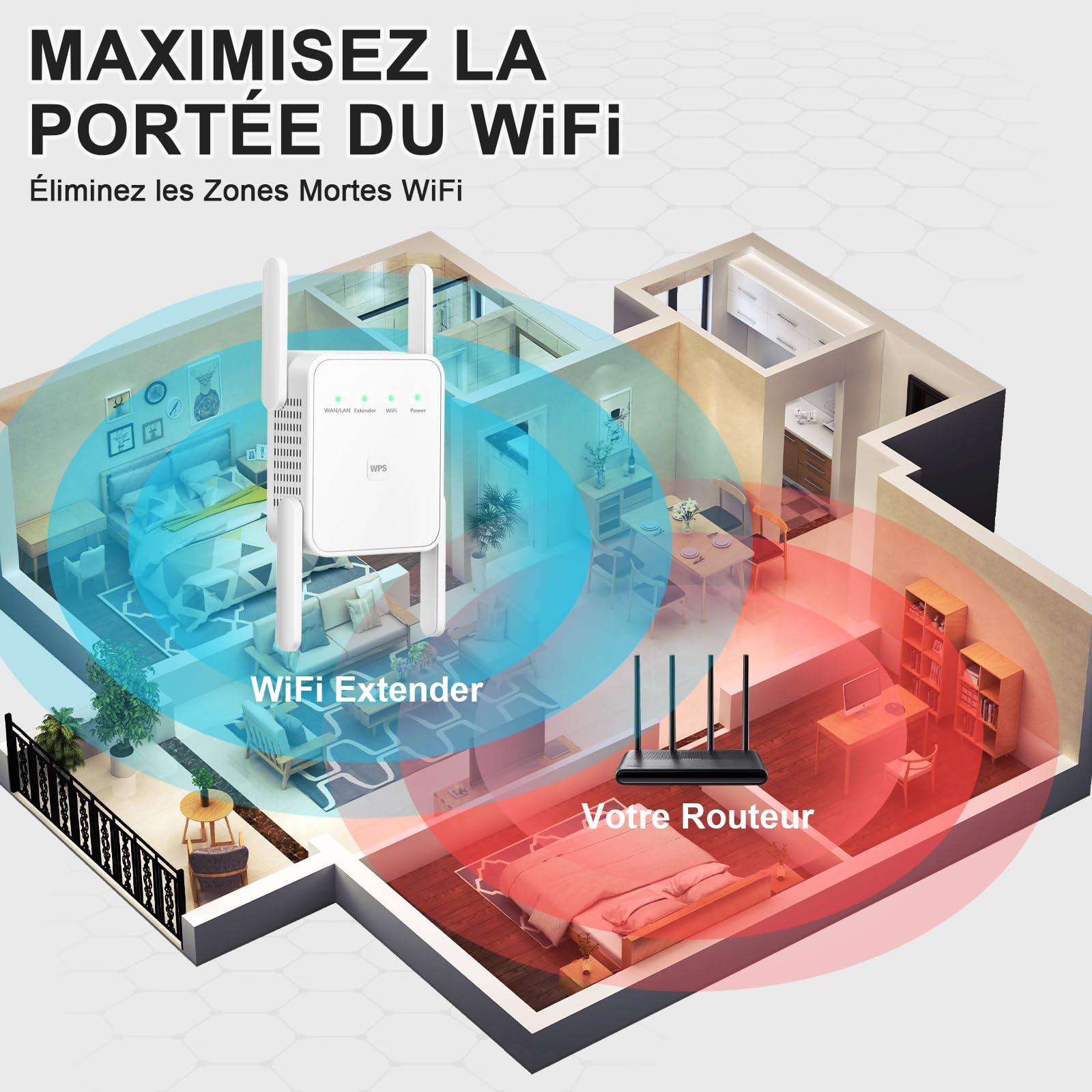 2024 Ripetitore WiFi Potente per Casa, Extender WiFi 300Mbps 2.4GHz con Porta LAN, Amplificatore WiFi Facile da Configurare, Compatibile con Router e Modem