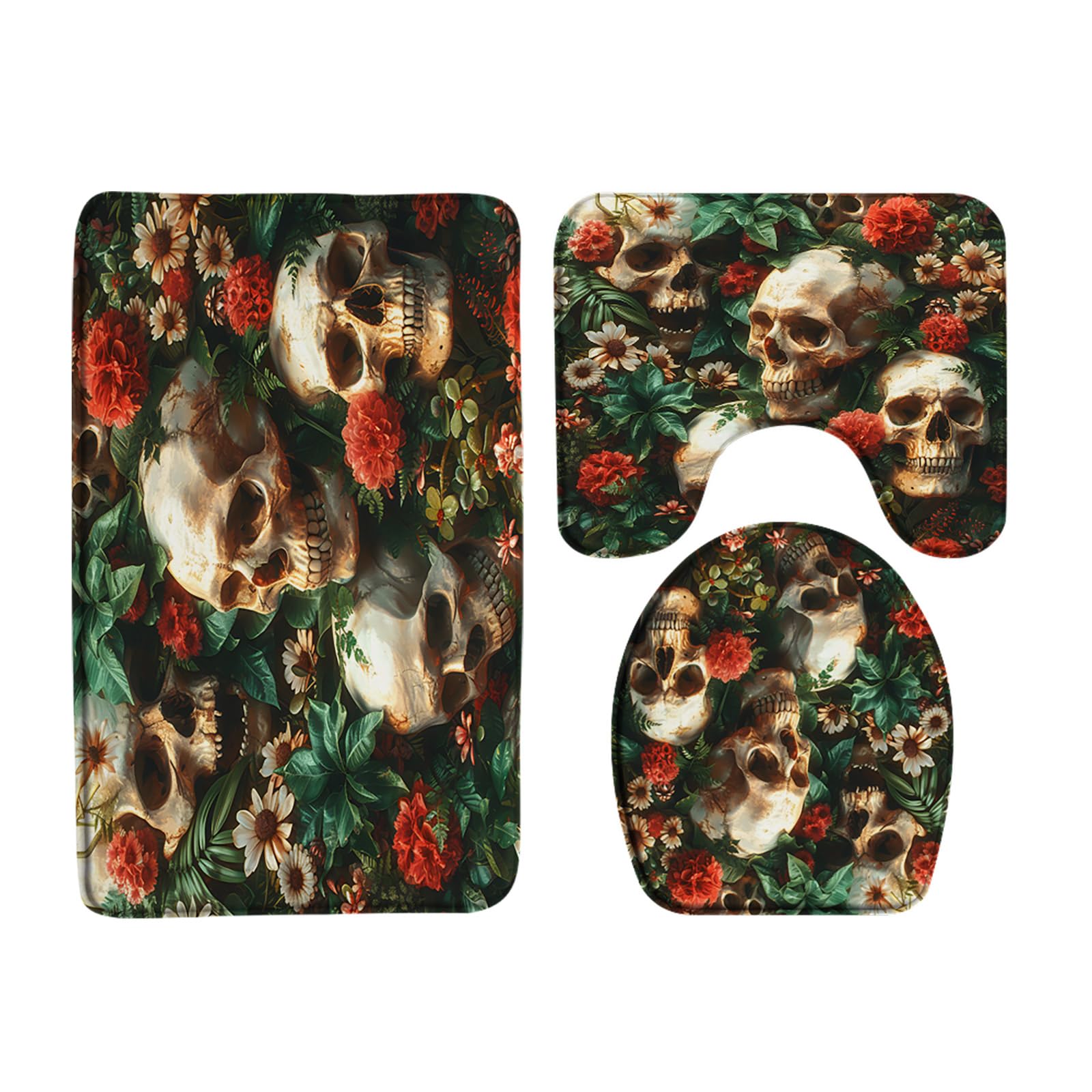 AYDSMYD 3 Piece Skull Floral Bath Mat Gothic Halloween Skeleton Wildflowers Horror Spooky Vintage Flower Bathroom Bathtub Floor Rugs Absorbent Doormat Toilet Decor