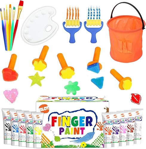 Kit de pintura para niños de aprendizaje temprano, pinturas para dedos lavables con pinceles de pintura surtidos, sellos, esponjas, paleta para