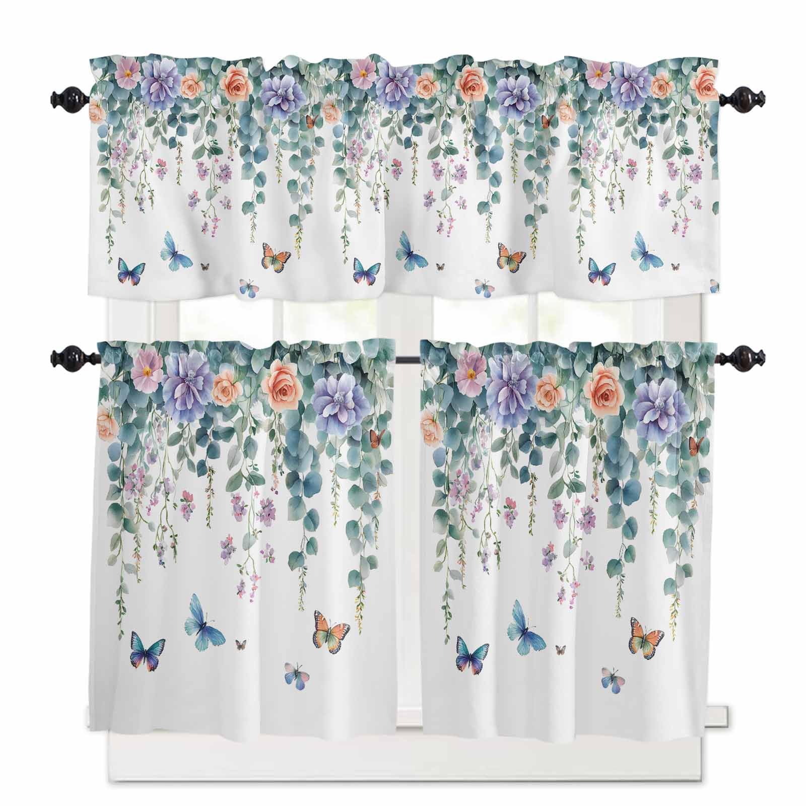 Eucalyptus Butterflies Kitchen Curtains 36 Inch Length, 3 Piece Rod Pocket Small Half Tiers and Valance Set, Spring Garden Botanical Small Large Window Treatment Decor for Bedroom/Bathroom Sink