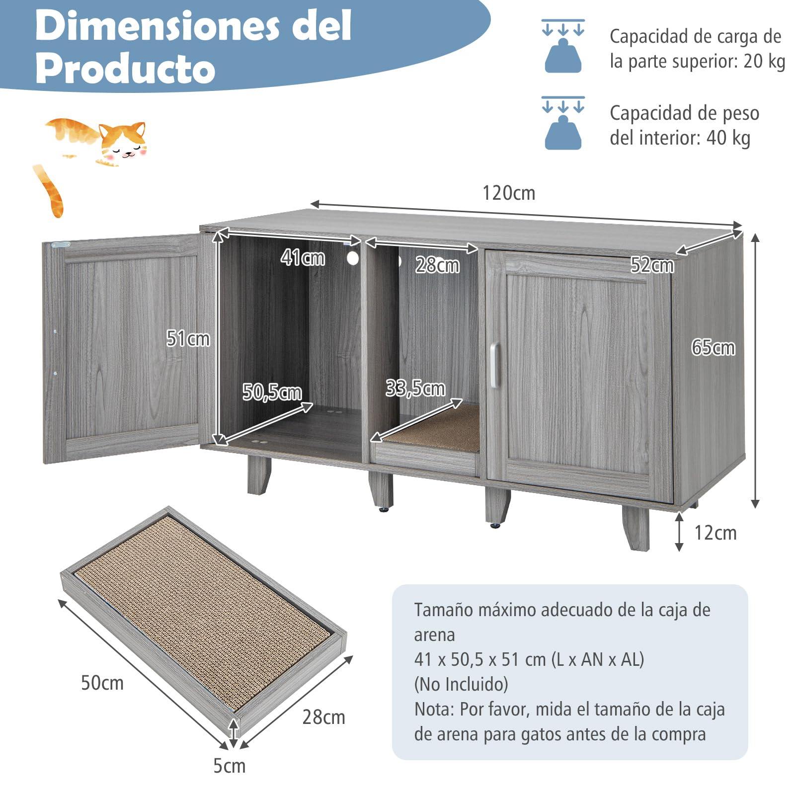 COSTWAY Cajas de Arena para Gatos, Casa de Baño Oculto para Mascota con 2 Puertas, Arenero Cubierto con Entrada Sinuosa y Tablero Rascador, Mesa Auxiliar para Gatos 120 x 52 x 65 cm (Gris Oscuro)