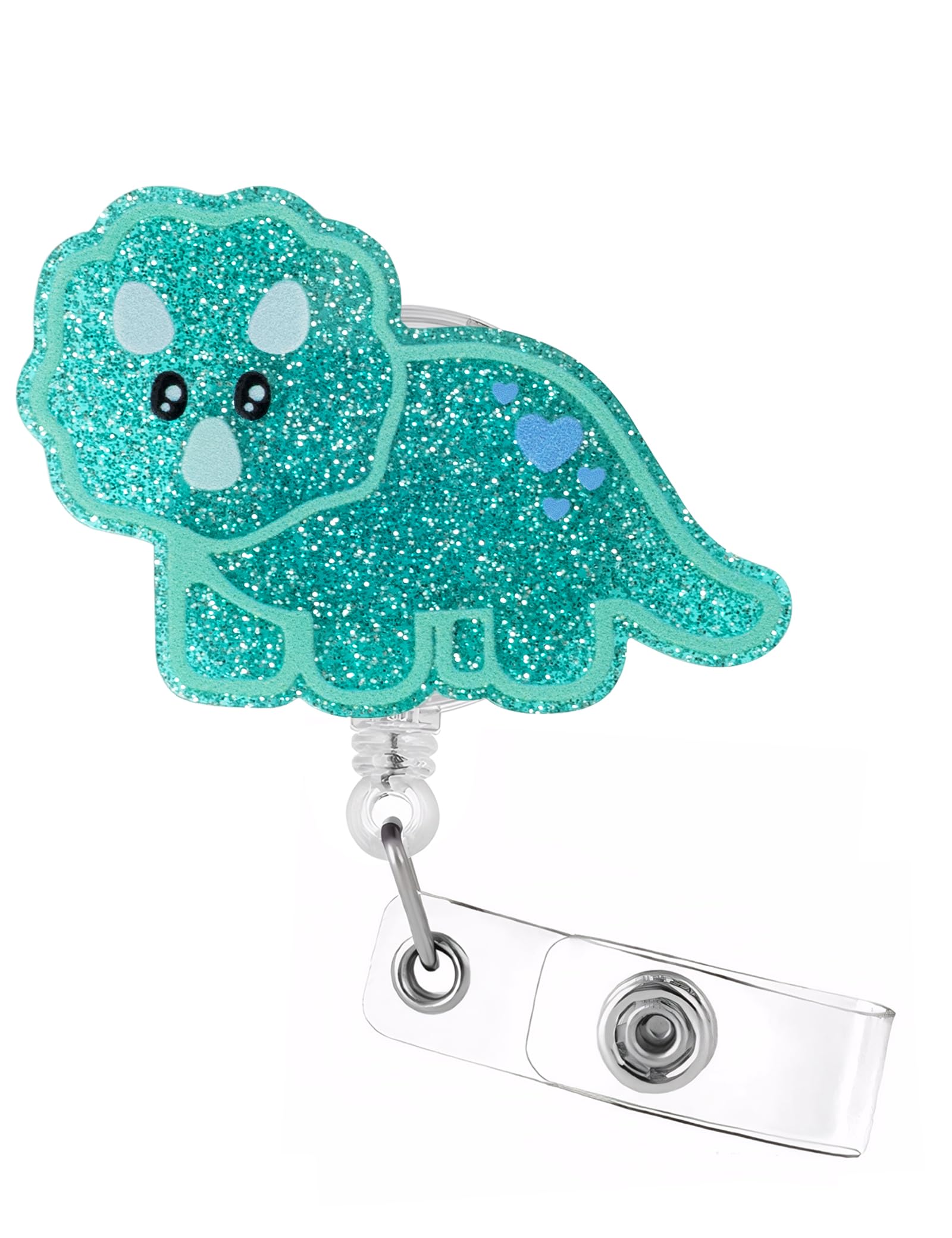 Celokiy Glitter Dinosaur Badge Reel, Retractable ID Card Holder, Nurse Name Tag Clip, Turquoise