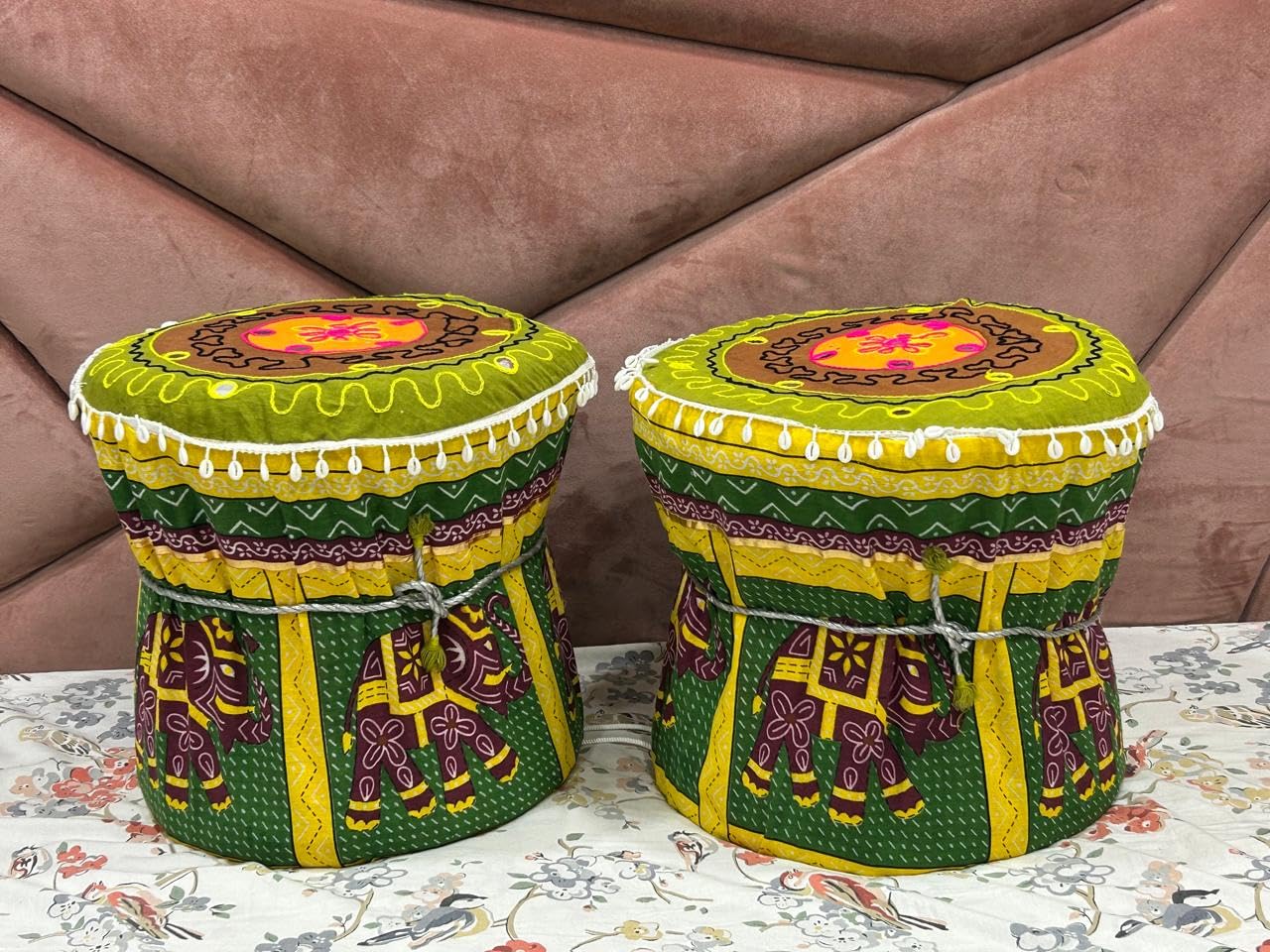 POSHMANDALA Embroidery Work Koudi Bamboo Mudda Cover Muddy Stool Ottaman Pouffes Patio Chair Footstools Cover Size 17x18 Inches, Set of 2 Pieces (ONLY Cover) Elephant Design Green-image-26
