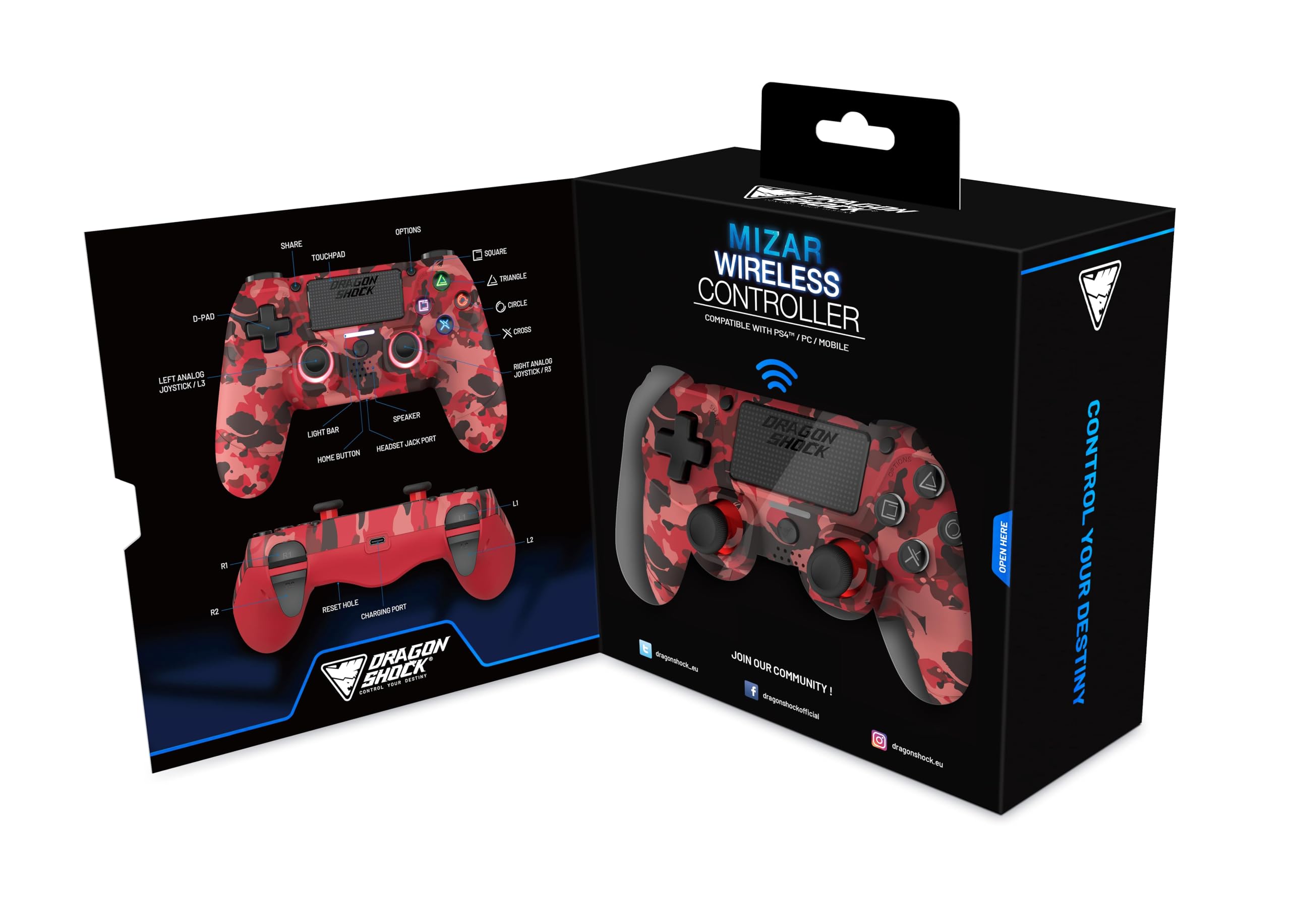 DragonShock Mizar bezprzewodowy kontroler Bluetooth do PS4, PC i telefonów komórkowych, czerwony camo