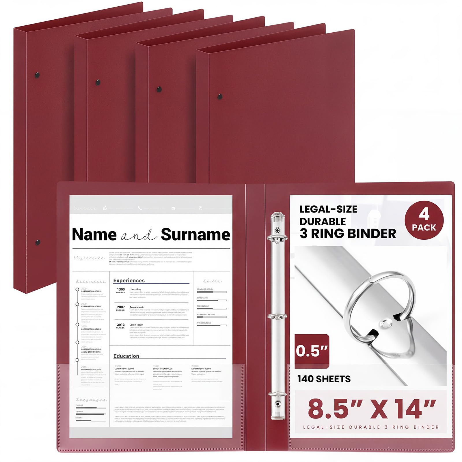 Henoyso 4 Pcs 8.5" x 14" Legal Size Binder, 3 Ring, 1 Inch, Dark Red