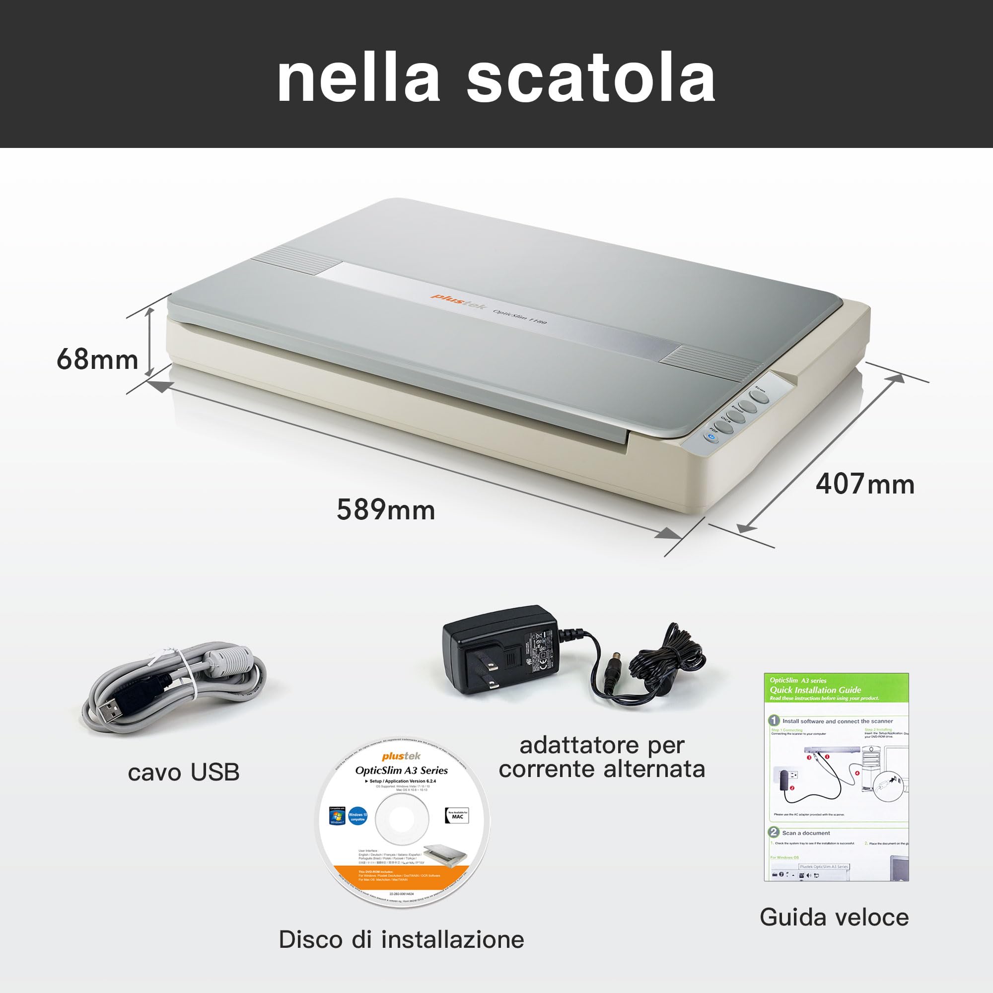 Plustek OpticSlim 1180 Scanner A3 Grande Formato per Progetti e Documenti
