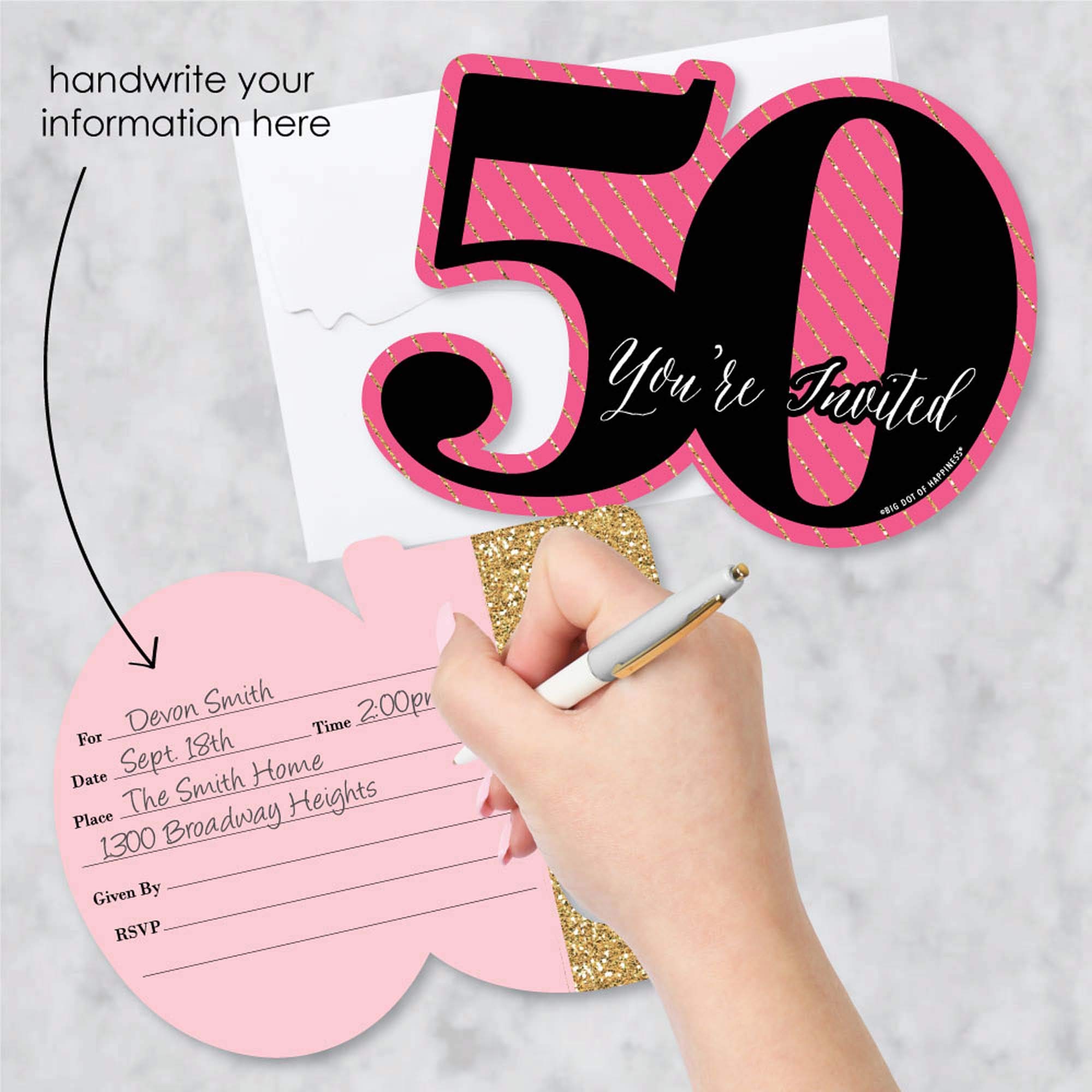 Big Dot of Happiness Chic 50th Birthday - Pink, Black and Gold - Shaped Fill-In Invitations - Birthday Party Invitation Cards with Envelopes - Set of 12