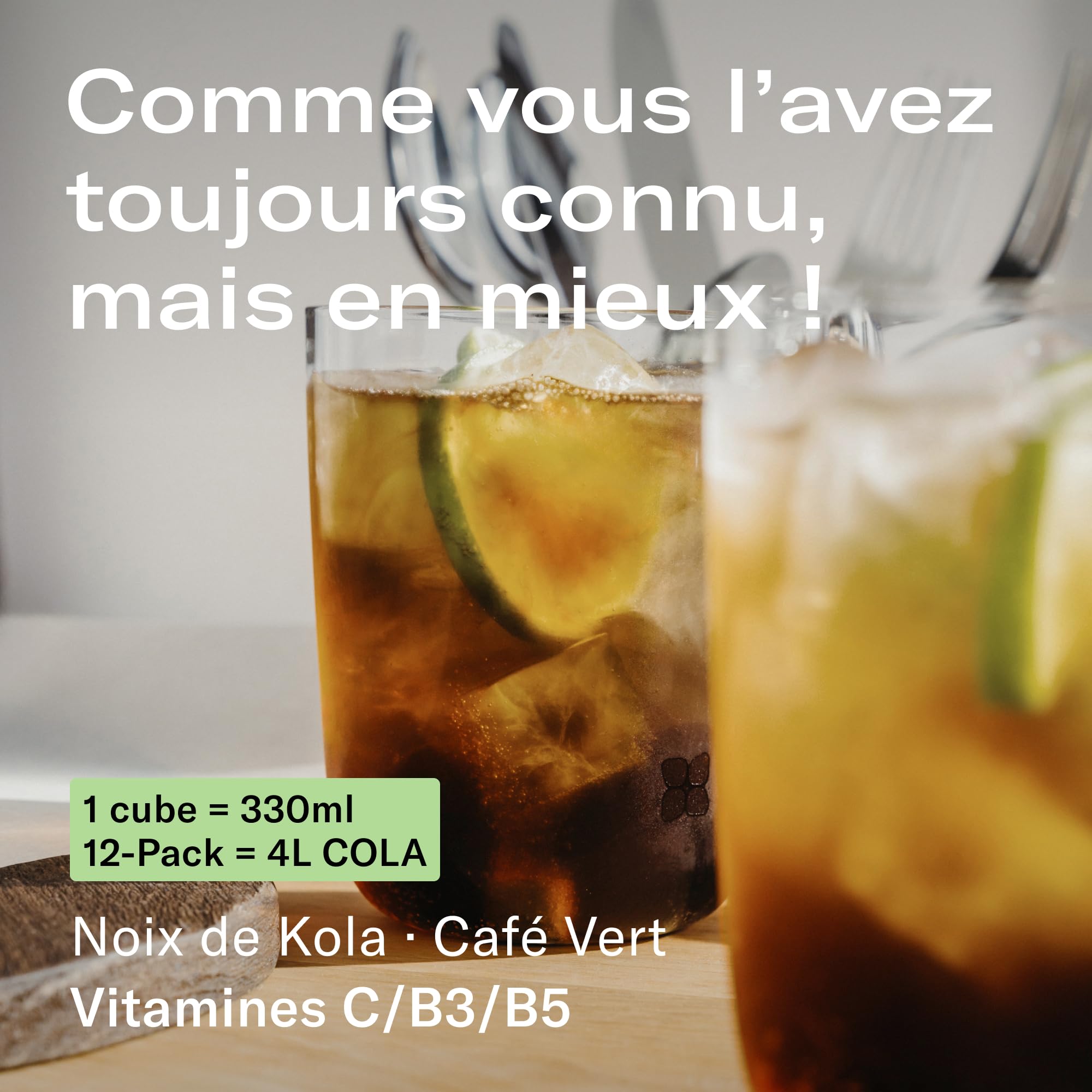 Coffret Dégustation COLA waterdrop®, Gourde + 24 boissons en cube, pastilles effervescentes, soda à la noix de kola et de vitamines sans sucre, Bouteille d'eau en verre, eau aromatisée