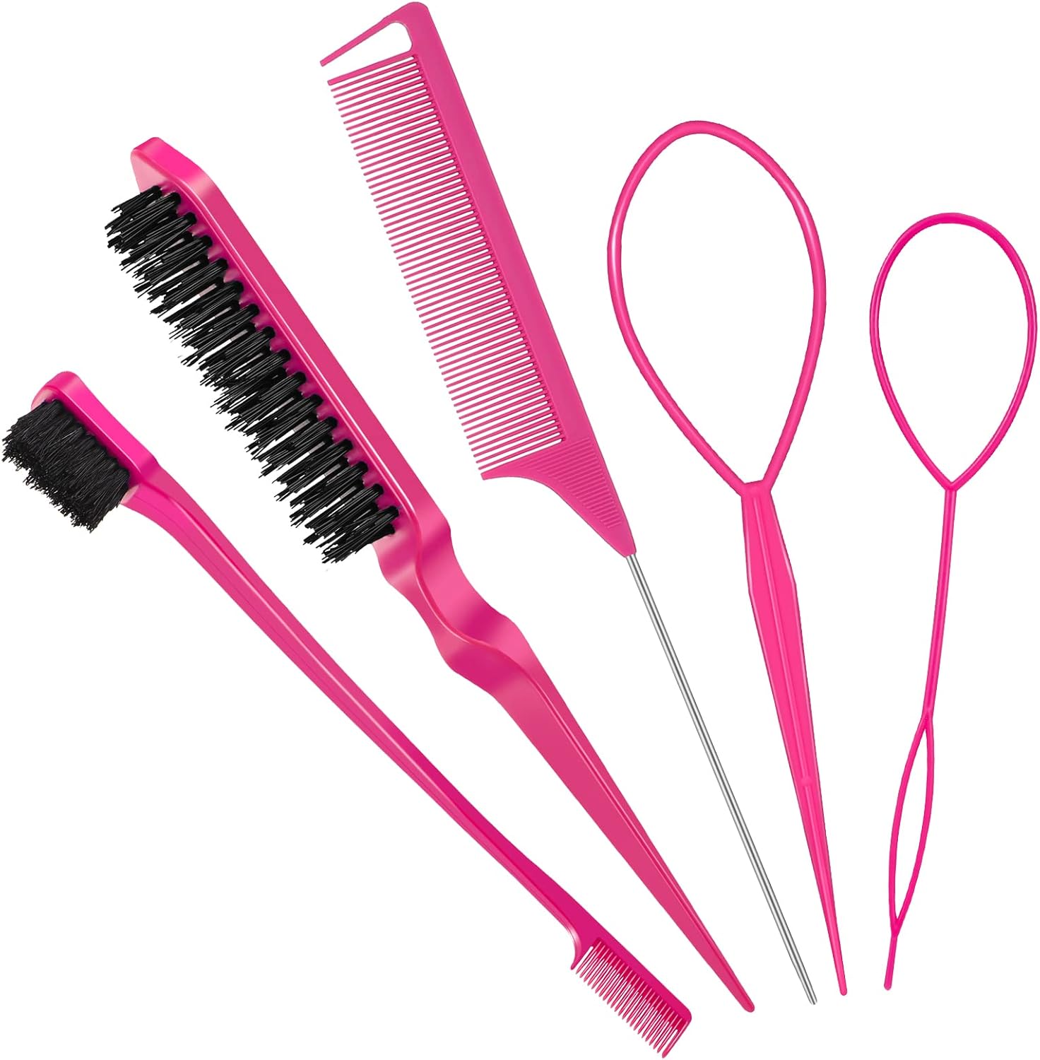 Fuyamp 5 In 1 Slick Brush Set Teasing Brush Set, Plastic Bristle Hair