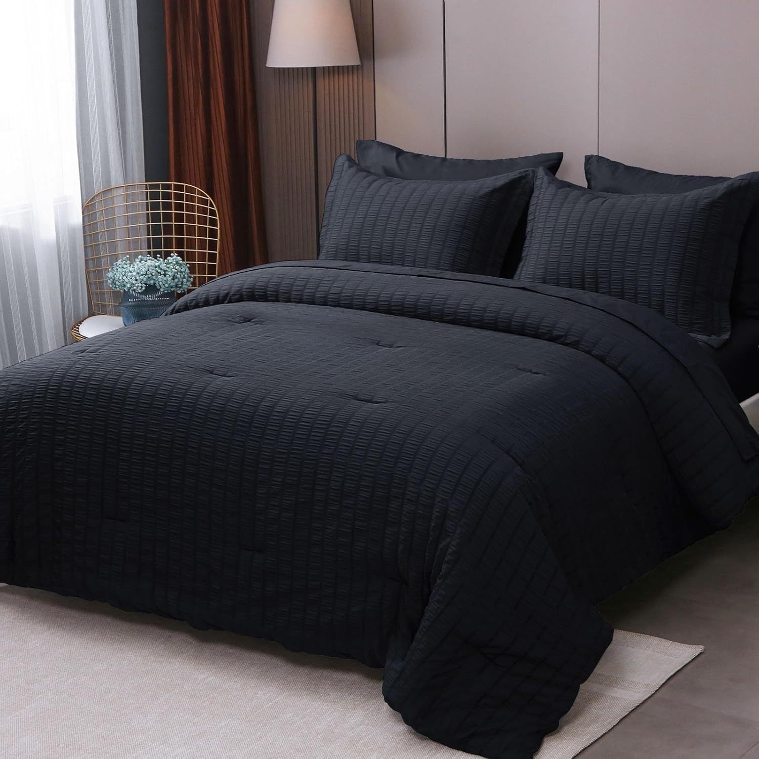 HYMOKEGE Black Queen Comforter Set Seersucker 7 Pieces, All Season