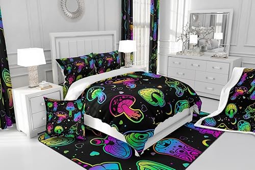 Miniatura 6 de Erosebridal Juego de Edredón de Hongos Queen, Juego de Ropa de Cama Botánica Brillante Kawaii de Plantas Silvestres, Edredón de Plumón para Niños,