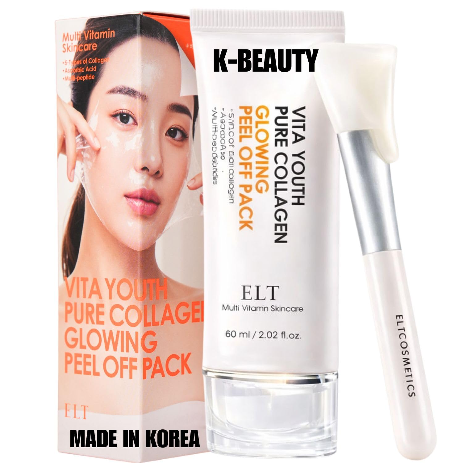 Collagen Peel Off Face Mask Pack - Korean Hydrating & Firming Wrapping facial Mask with 5 Types of Collagen, 8 Peptides, Silicone Brush K-Beauty Skincare (60 ml / 2.02 fl.oz)