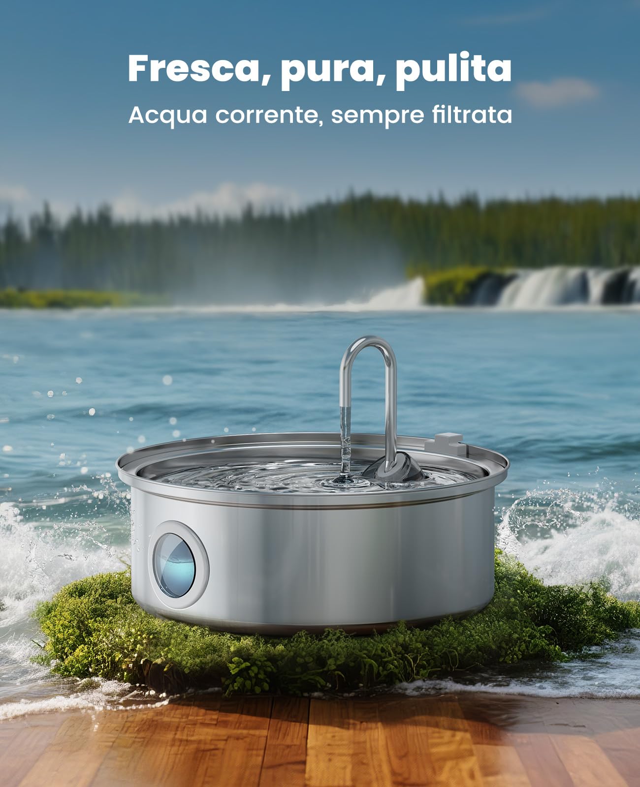 7L Fontanella per cani oneisall, fontanella per cani in acciaio inox con ampia finestra di visualizzazione, con luce LED, pompa ultra-silenziosa con protezione da sovraccarico, filtraggio a 5 strati