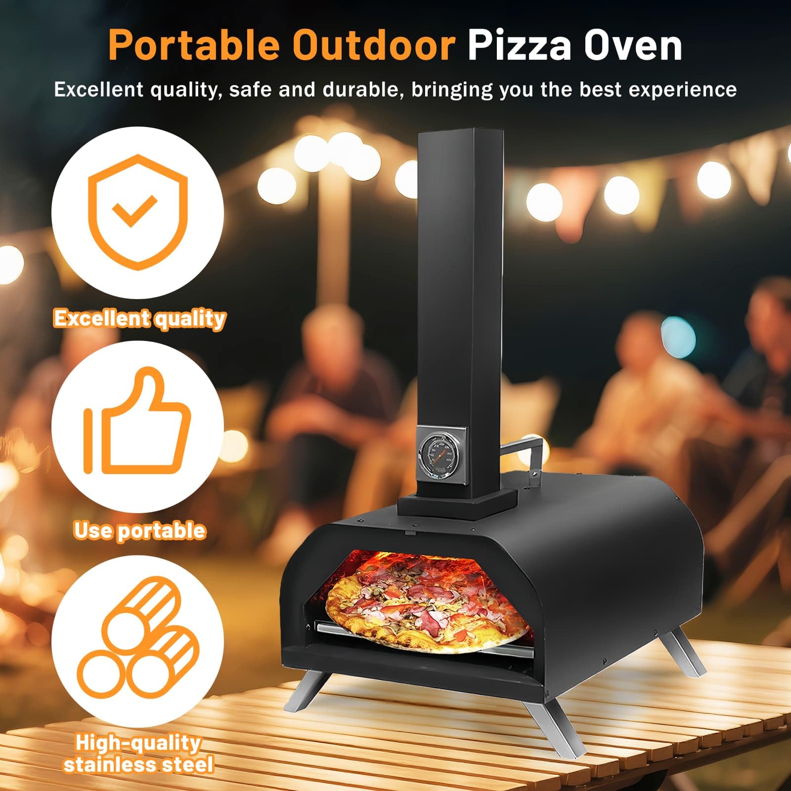 Forno per pizza a pellet in legno con pietra, termometro e gambe pieghevoli