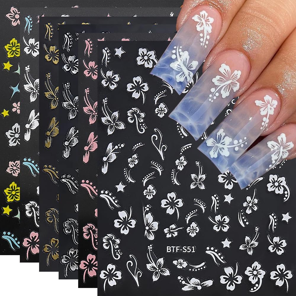 6Sheets Hibiscus Flowers Nail Stickers, 3D Self-Adhesive White Pink Gold Flower Pattern Nail Decals Manicure Tropical Accessories for Women Girls