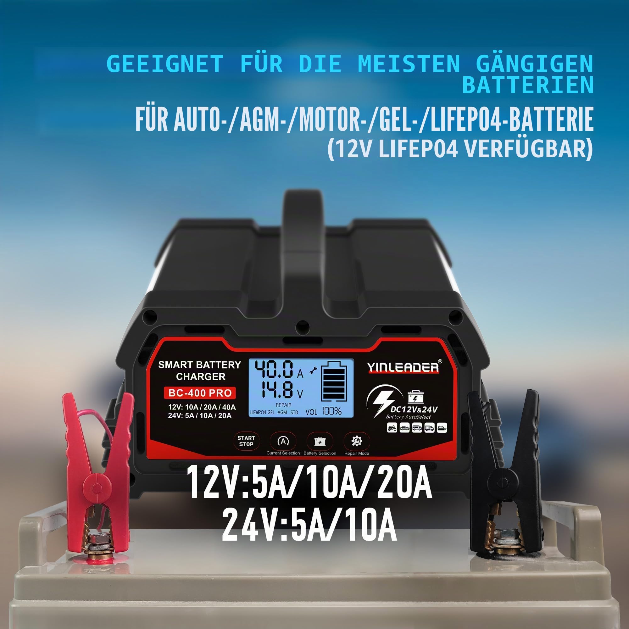 Autobatterie Ladegerät 40A/20A 12V/24V 20A/10A Batterieladegerät Auto Vollautomatisches Intelligentes Erhaltungsladegerät mit LCD-Bildschirm, Ladegeräte für 12v LiFePO4 Batterie - Schwarz