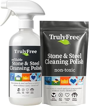 Truly Free Stone & Steel Cleansing Polish Starter Kit - Quartz, Marble, Granite, Stone Countertop, Oven, Stainless Steel Cleaner - 12oz Empty Bottle, 1 Concentrated Fill 3oz-No Harmful Ingredients