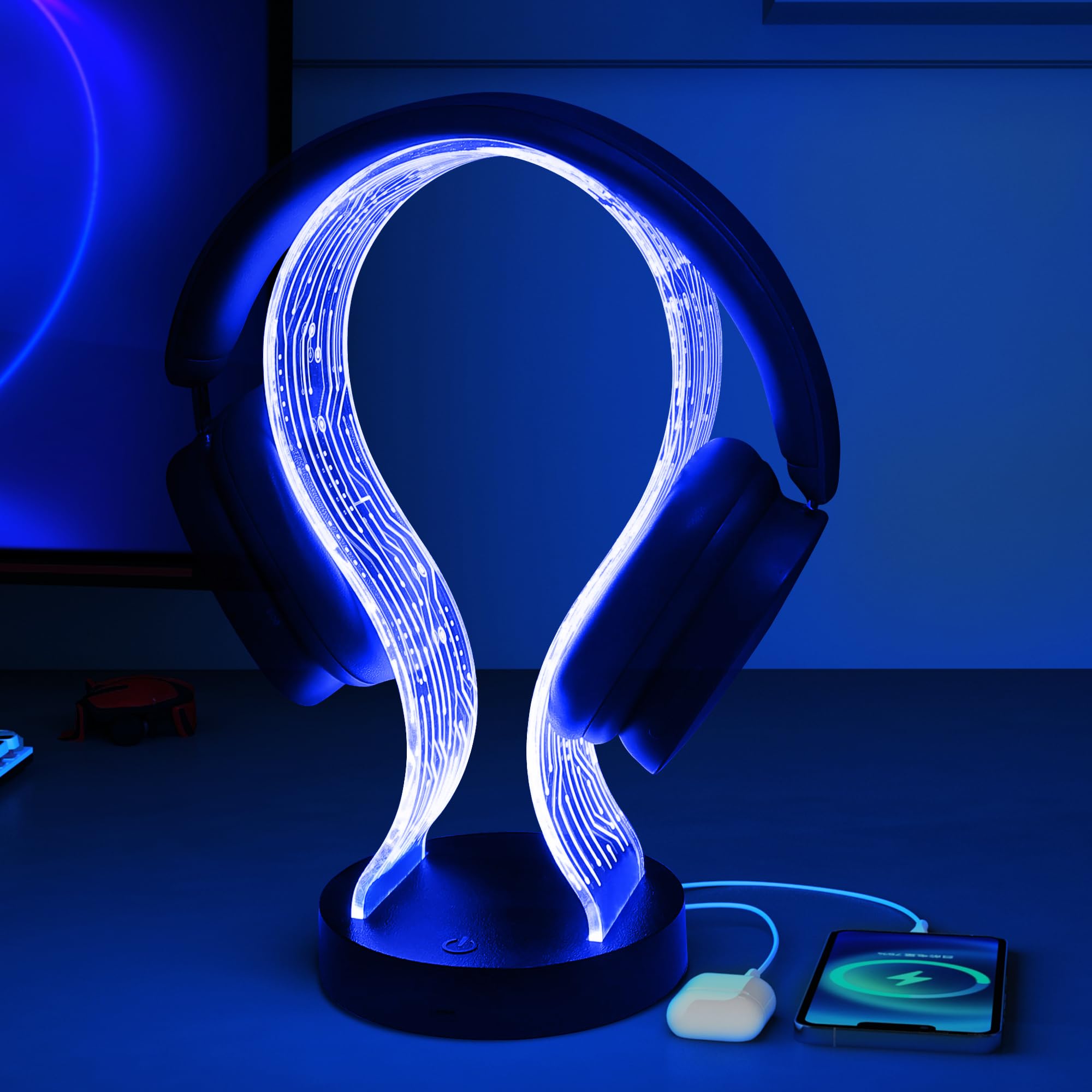 Ammonite Light Up Headphone Stand, 16 Farbe leuchtet Gaming Schreibtisch Accessoire mit 1 USB-Ladeanschluss und 1 Typ-C-Ladeanschlüsse, USB-Power und PCB-Muster, Geschenke für Gamer Freund Junge Mann