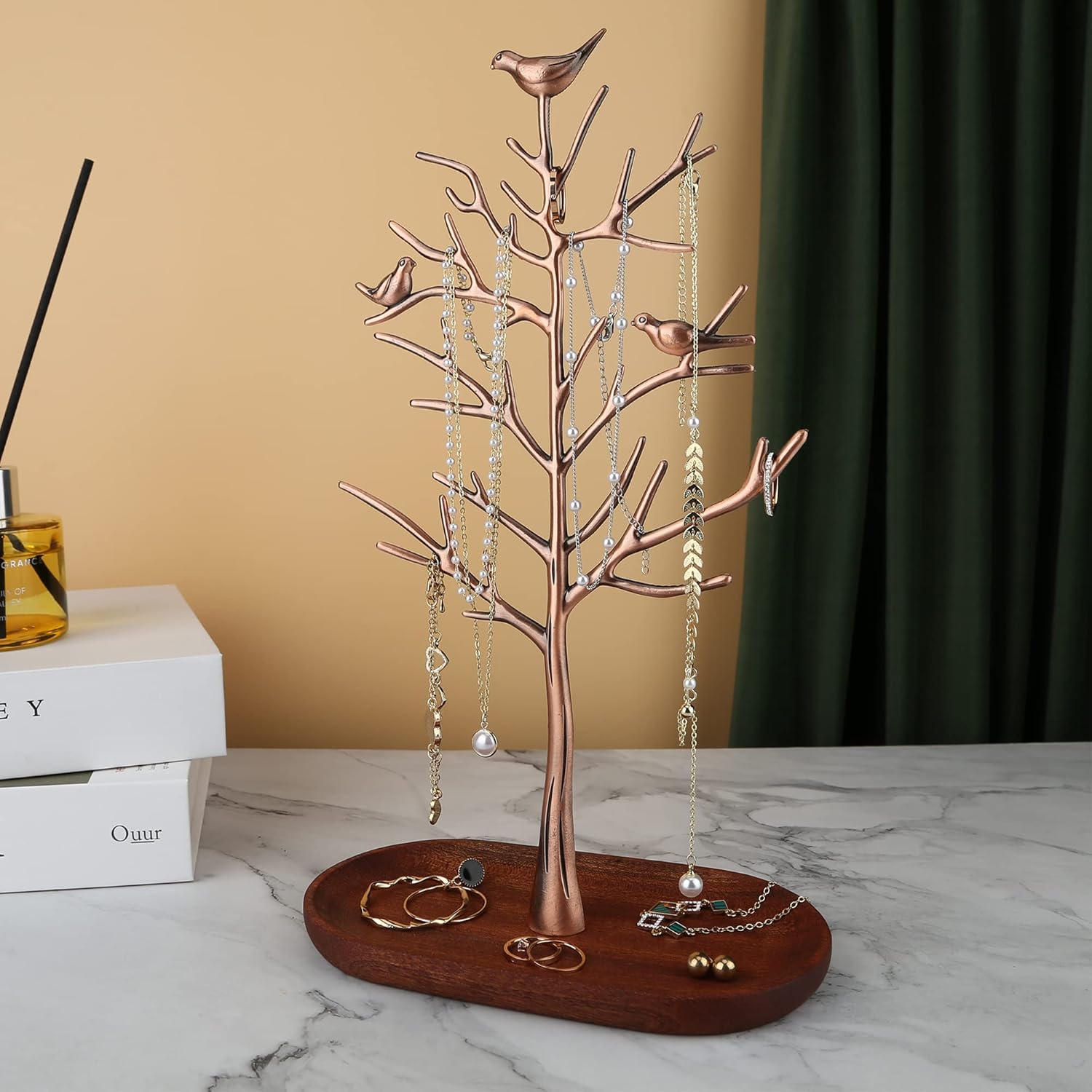 MORE&LESS Branch Jewelry Rack with wood tray,Retro color,Tree Tower Rack Hanging Organizer for Ring Earrings Necklace Bracelet,Suitable for living rooms, bathrooms,offices,etc. - Image 2