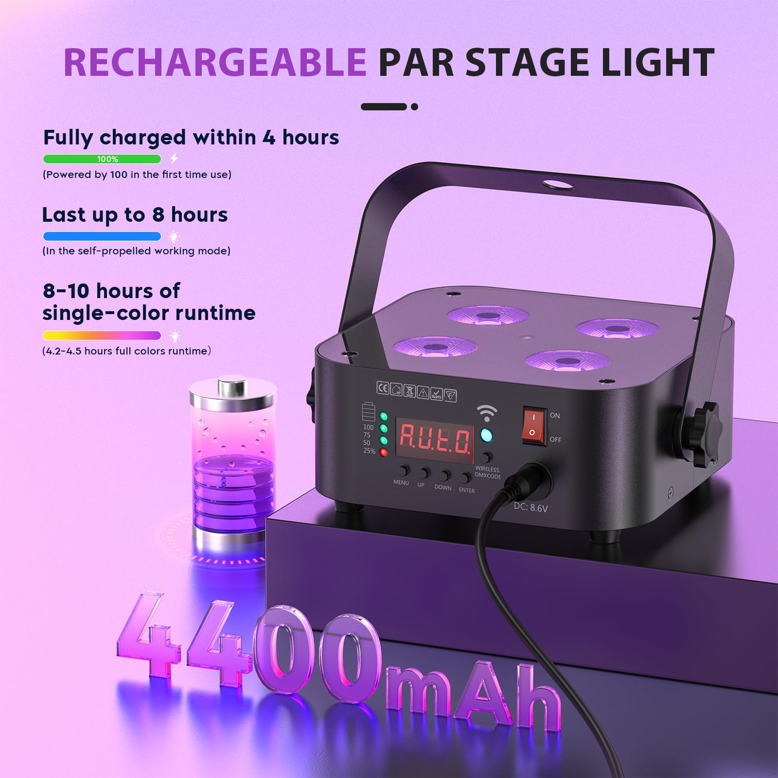 4 pezzi 4x18 W Batteria LED par RGBWA UV Ricaricabile Fari luce palco con APP/DMX/telecomando Luce diasoc per feste DJ matrimonio compleanno Natale Halloween